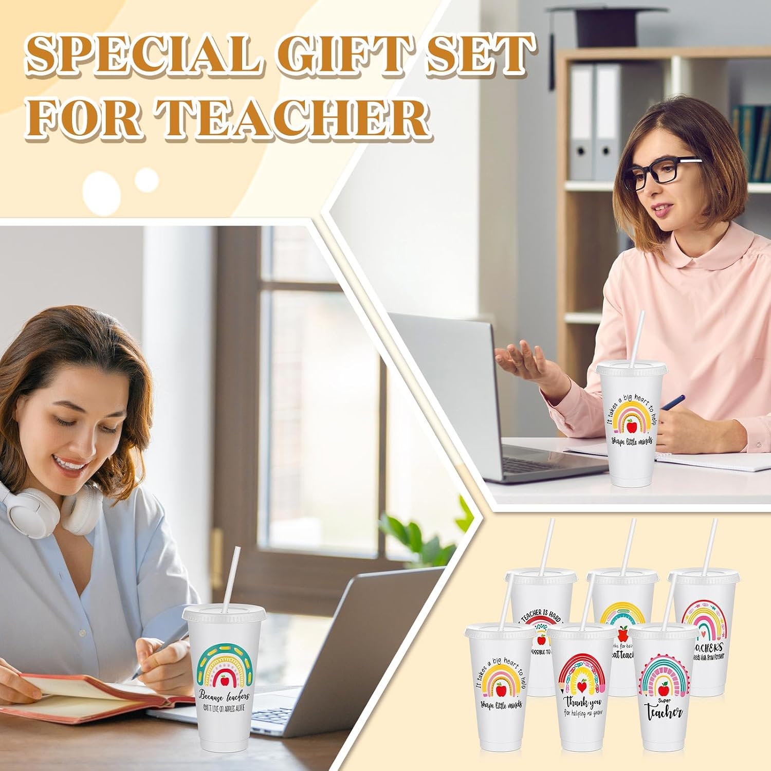 Chuangdi 24 Pcs Inspirational Teacher Appreciation Gifts Bulk for Women from Students, 24 oz Plastic Thank You Teacher Cups Tumblers, Graduation End of Year Gifts for Women (White,Rainbow)