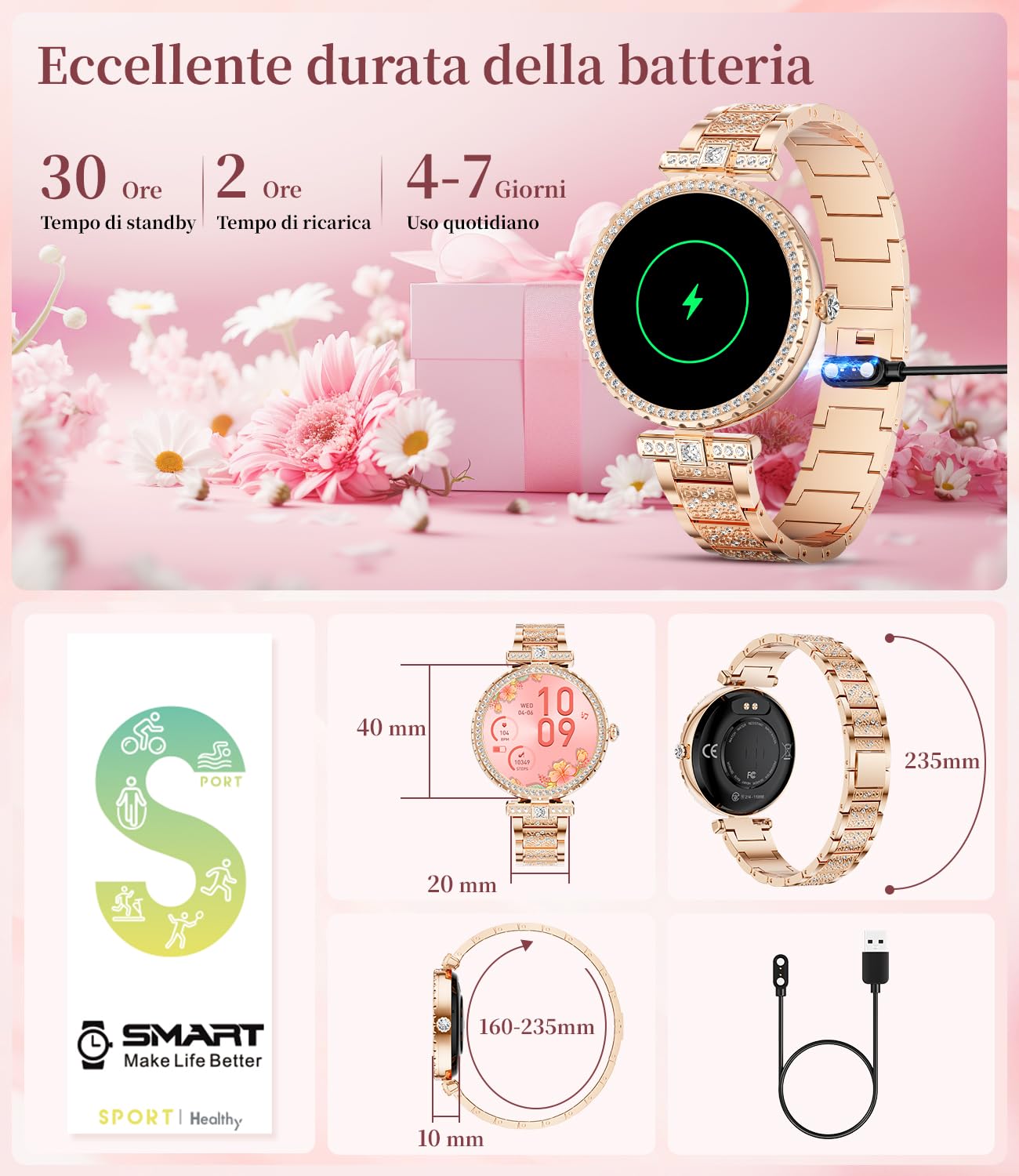 ESFOE Smartwatch Donna,1.19" AMOLED Orologio Smartwatch Donna con Chiamate Whatsapp,Orologio Fitness 120+ Sportive,Ciclo Mestruale,Cardiofrequenzimetro Sonno,IP68 Impermeabile Smart Watch Or Rosa