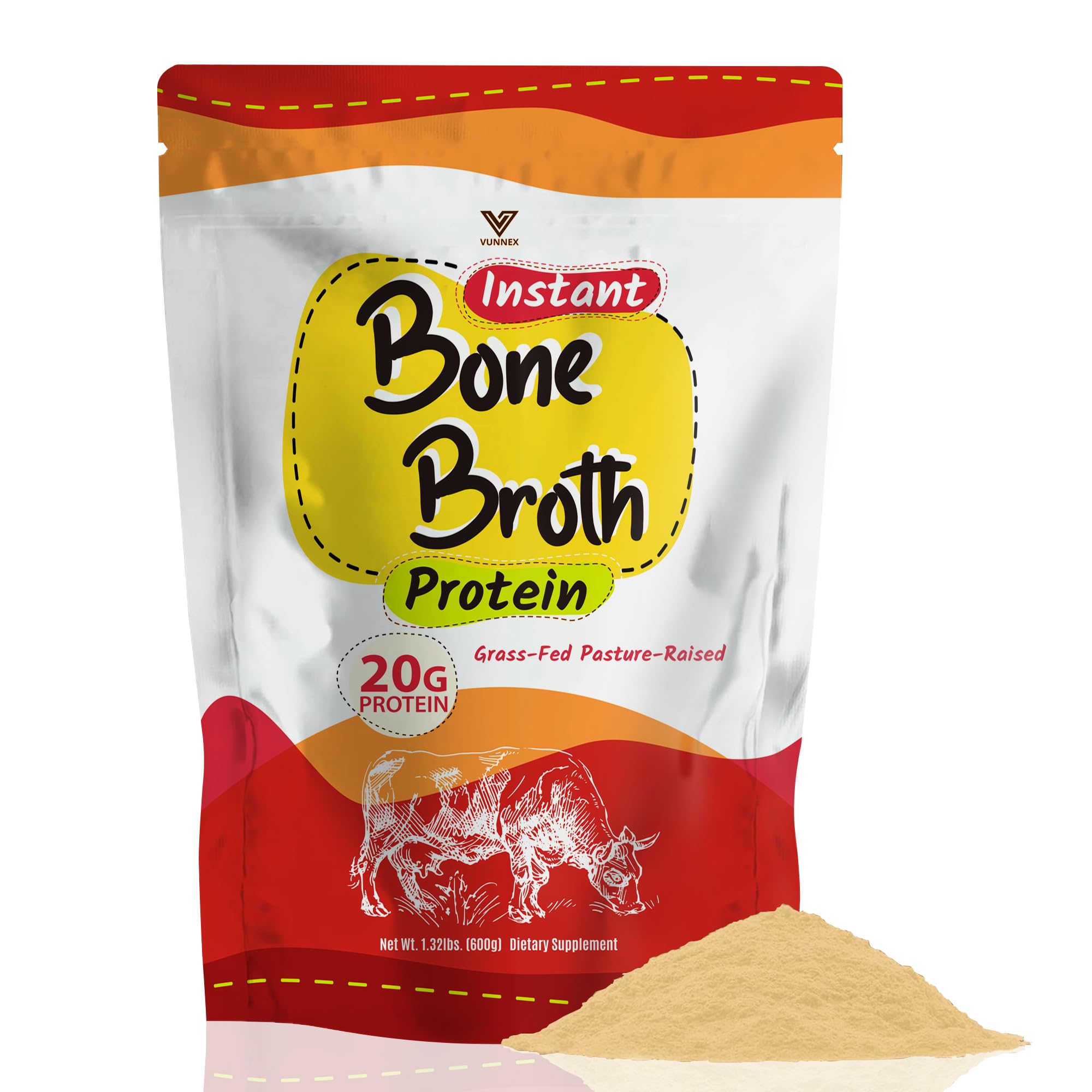 VUNNEX Proteína em pó de caldo de ossos bovino com colágeno, 20 g por porção, 588 g