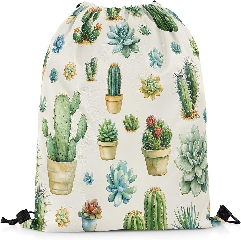 Manfei Green Cactus Drawstring Backpack Gym Bag,Rustic Style Succulents Cinch Bag,Spring Nature Plant Foldable Draw String Back Bag Sports Bag