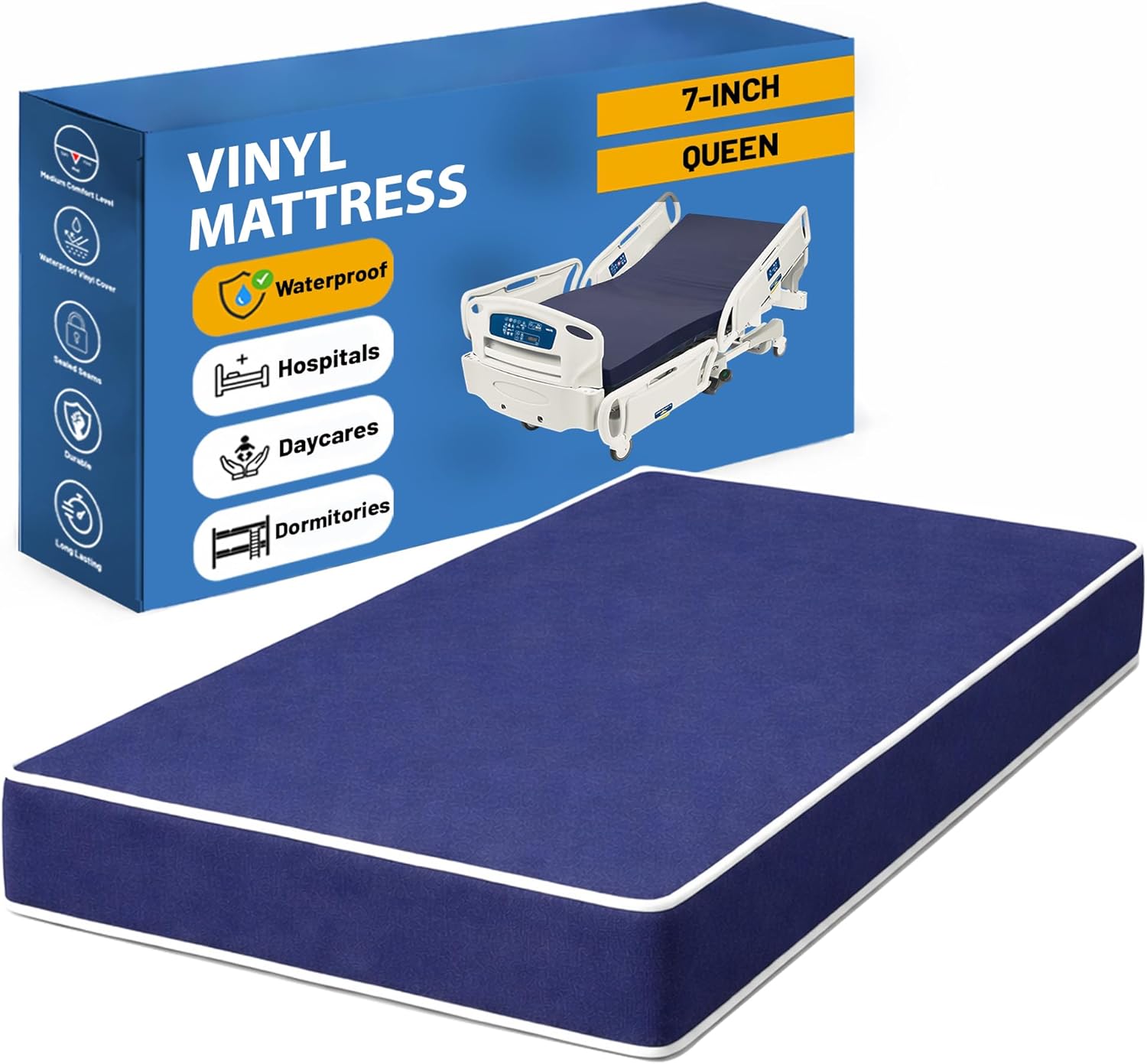 Greaton, 7-Inch Medium Firm Water-Resistance Vinyl Foam Mattress, Easy to Clean, Comfortable & Noise Free, Queen, Blue