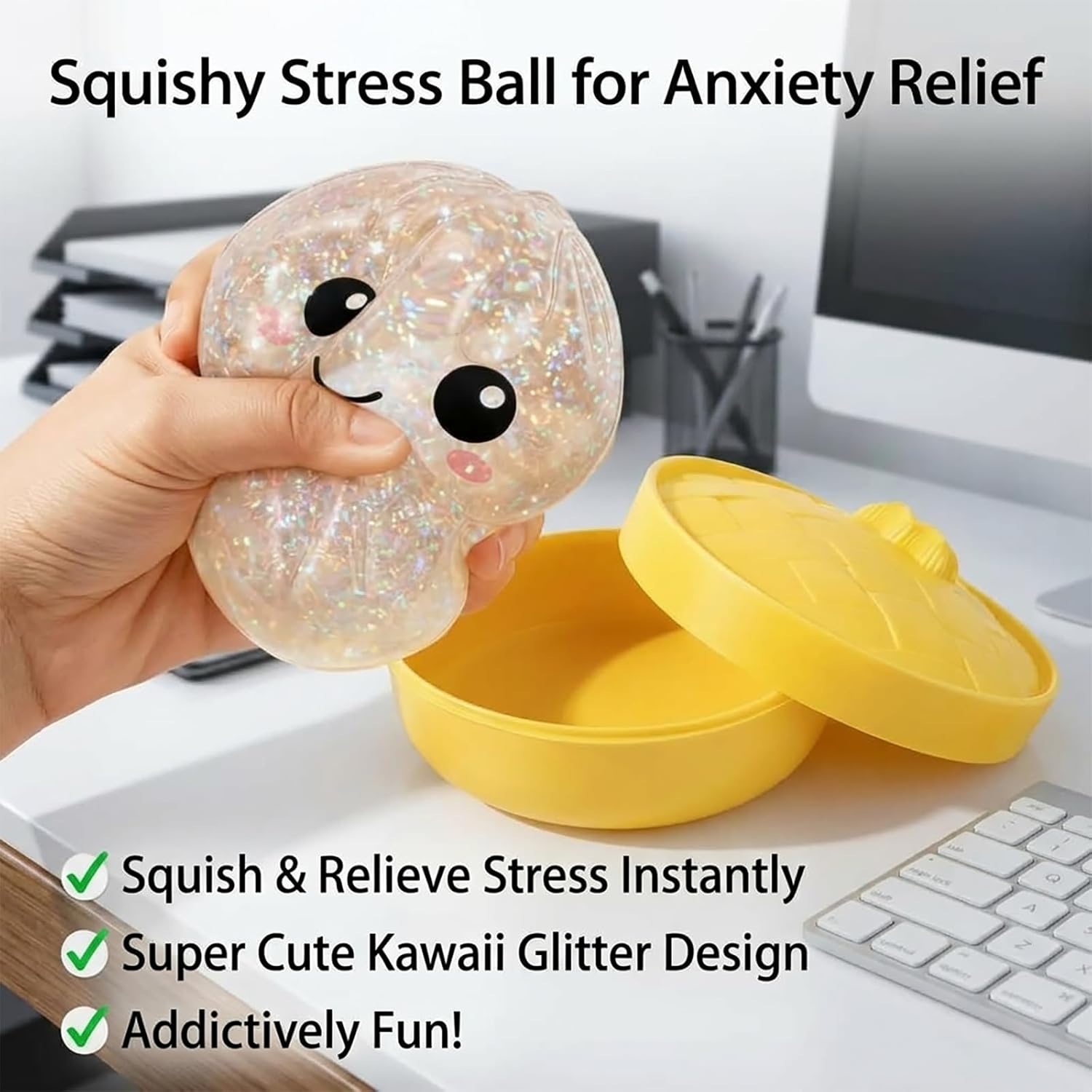 2 Pack Glitter Dumpling Squishies with Steamer Basket, Stress Relief Fidget Sensory Toy for Adults, Soft Squeeze Decompression Dough for Anxiety, Desk Decor, Party Favors
