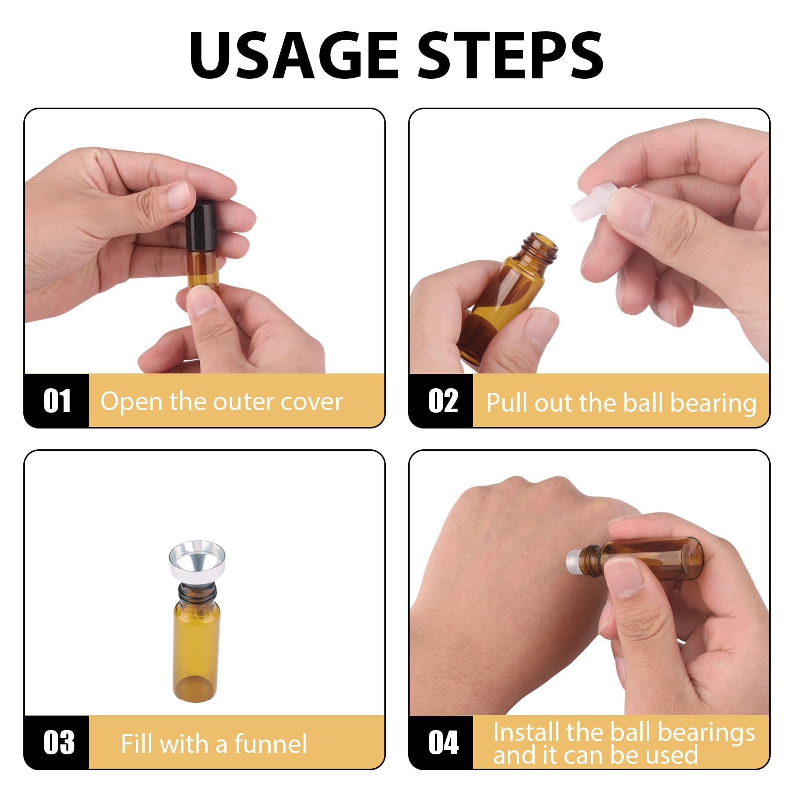 Lot de 24 bouteilles en verre marron de 5 ml, avec rouleaux, décapsuleurs, compte-gouttes, autocollants, décapsuleurs, idéal pour les huiles essentielles