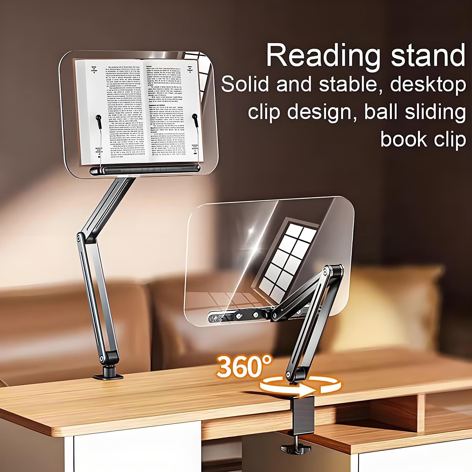 Acrilico, supporto per libri regolabile con base girevole a 360°, supporto pieghevole con morsetto a C, compatibile con dispositivi da 11 a 16 pollici per casa e ufficio