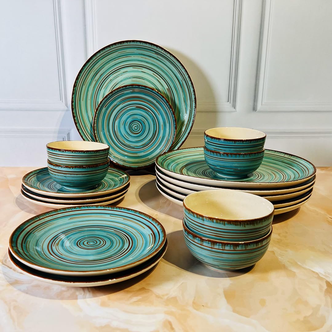 THEARTISANEMPORIUM Iris Turquoise Ceramic Dinner Set of Dinner Plates,  Katori Bowls Quarter Plate Dinnerware Set (18 Pieces, Serving for