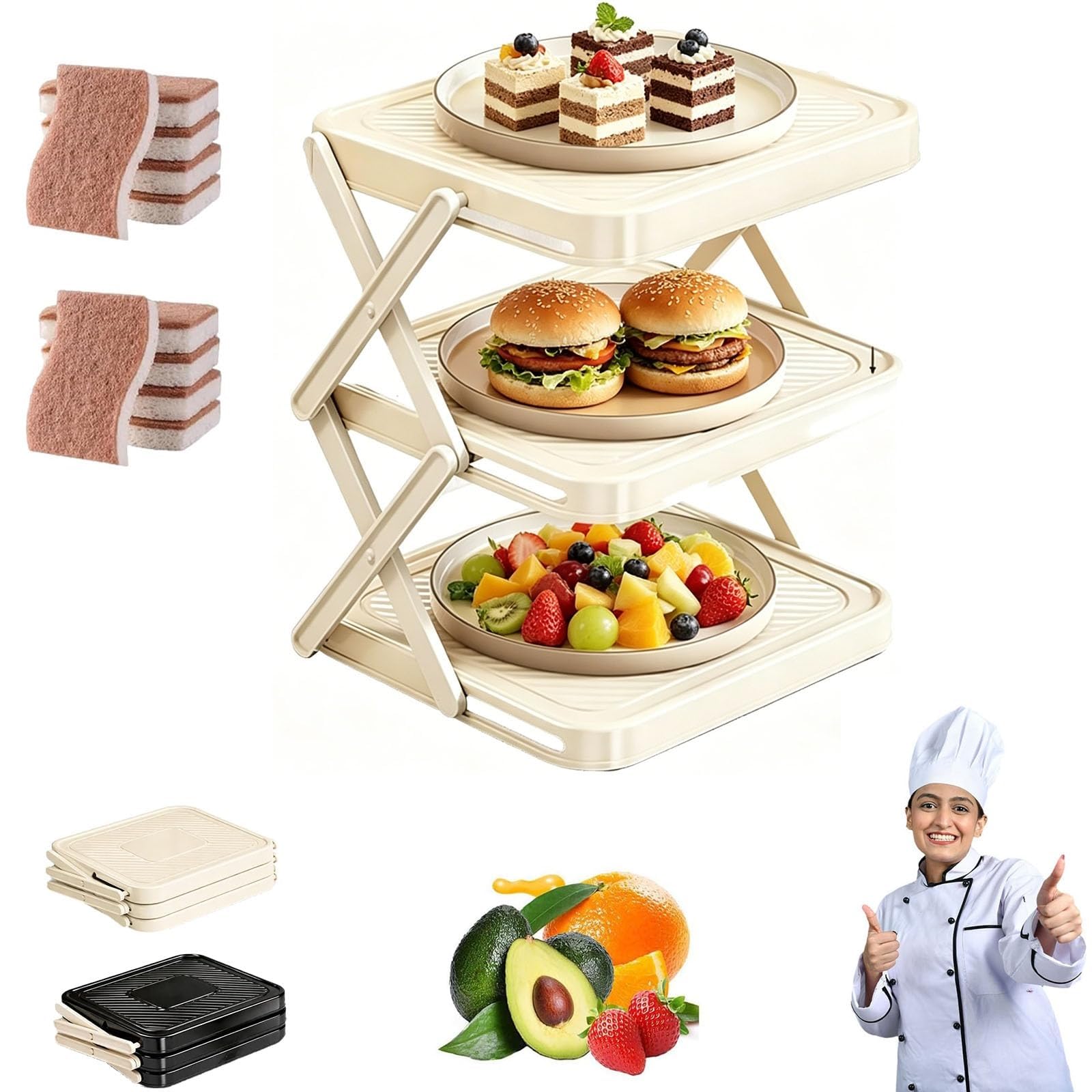 FSLXZPKJ Foldable 3-Tier Dish Prep Tray Storage Rack – Space-Saving Kitchen Organizer for Plates, Trays, Fruits & Snacks Light Luxury Appeal