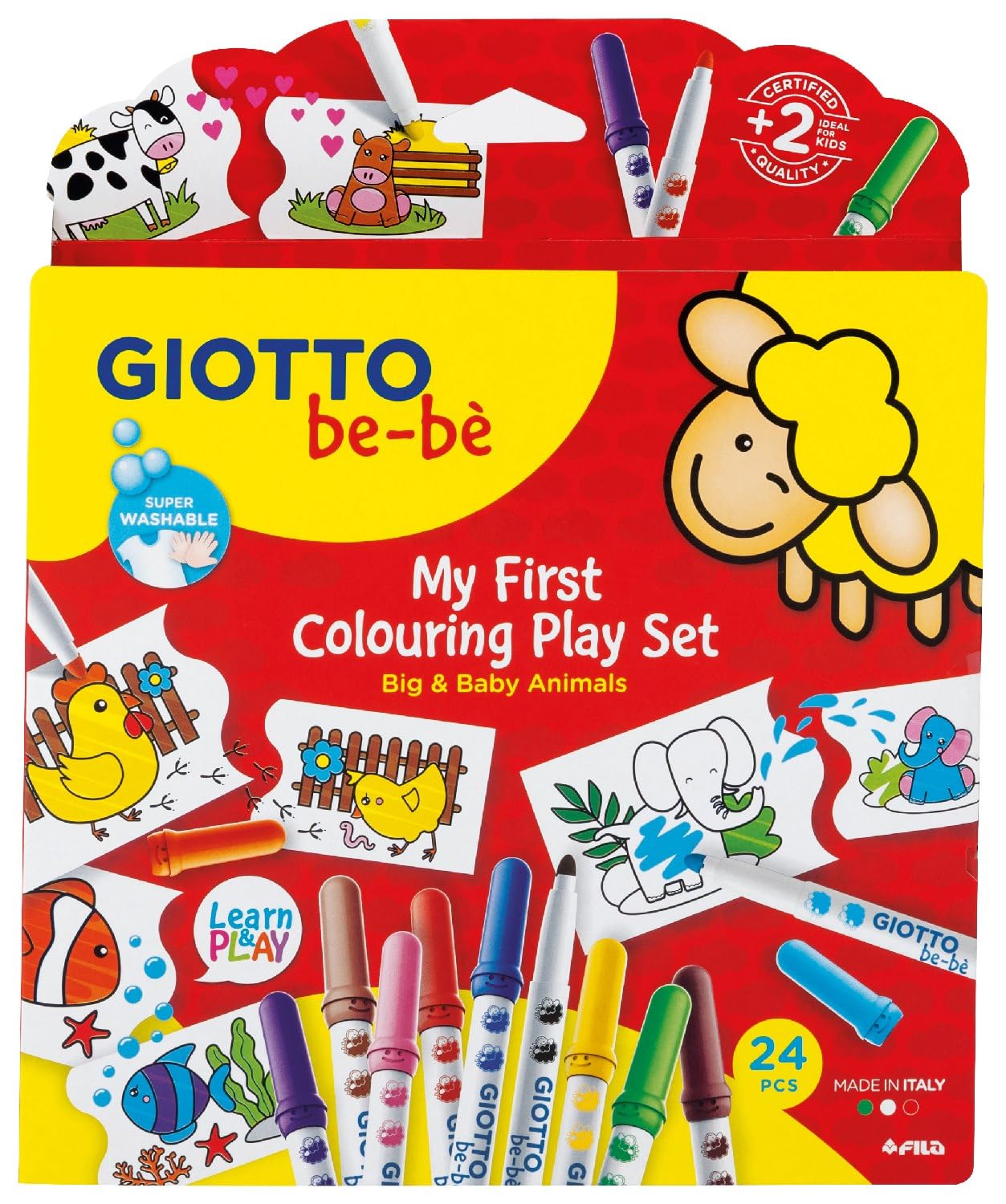 Giotto be-bè My First Colouring Play Set, Rotuladores de Fibra Súper Lavables, Punta 5 mm, Estuche de Cartón, 14 colores surtidos, 24 piezas