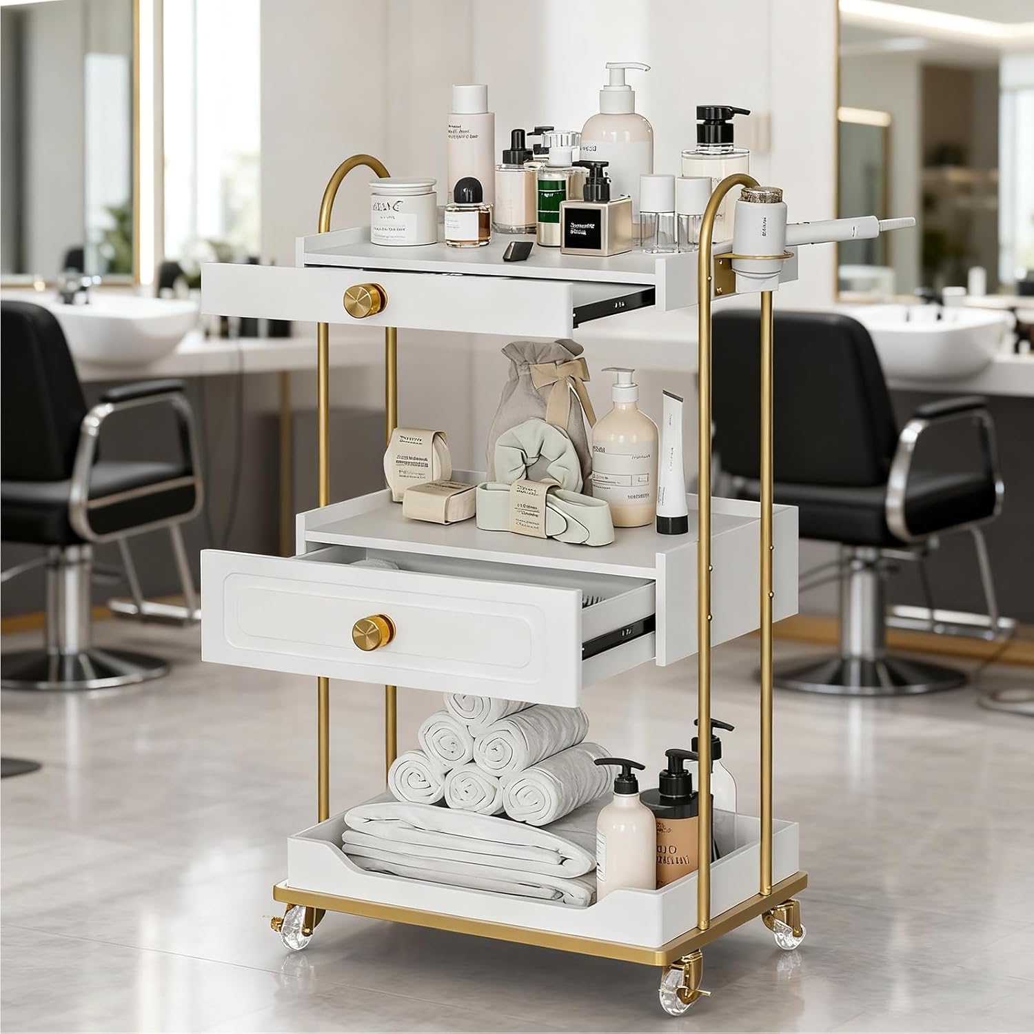 Salon Rolling Cart with Drawers, Utility Cart Esthetician Cart with 3 Shelves & Hair Dryer Holder, Mobile Spa Salon Cart for Beauty Spa（White）