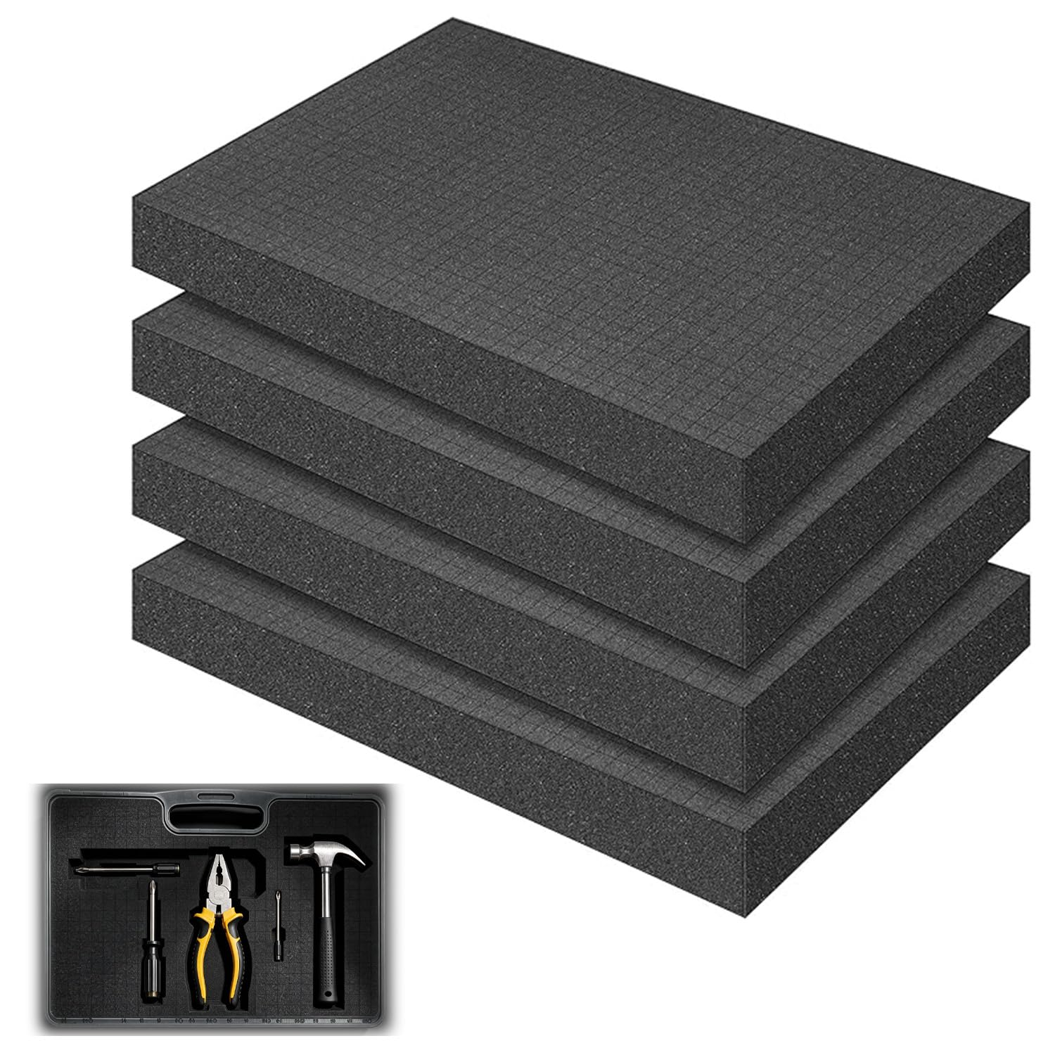 Lot de 4 mousses prédécoupées - 400 x 300 x 25 mm - Insert en mousse de qualité supérieure pour le transport, la mallette à outils, la mallette pour appareil photo - Pour emballage, rangement