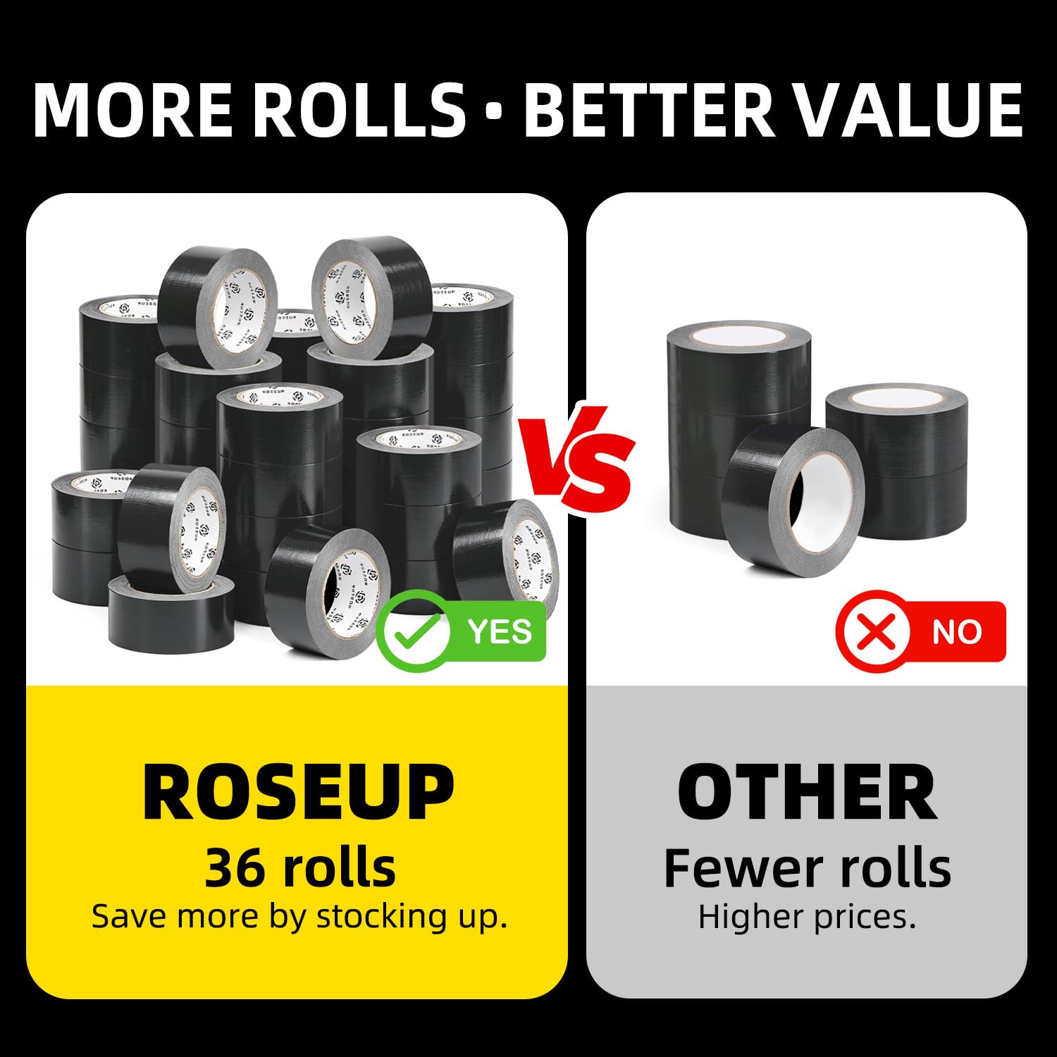 ROSEUP Cinta adhesiva resistente, 7.5 mil de grosor, 2 pulgadas x 30 yardas, flexible, sin residuos, impermeable y rasgado a mano, multiusos para interiores y exteriores, color negro
