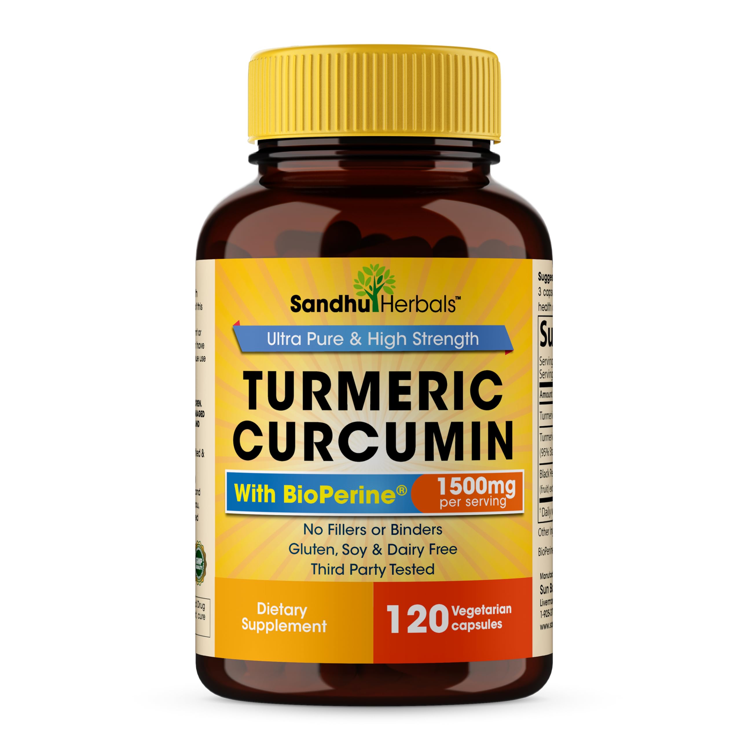 SANDHUHERBALS Organic Turmeric Curcumin 120 Capsules with Bioperine Black Pepper Extract Supplement | 1500mg with 95% Curcuminoids | Immune Support