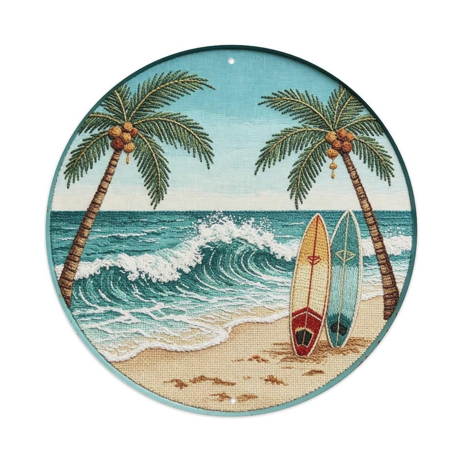Tropical Beach Surfing Embroidery Metal Tin Sign Plaque