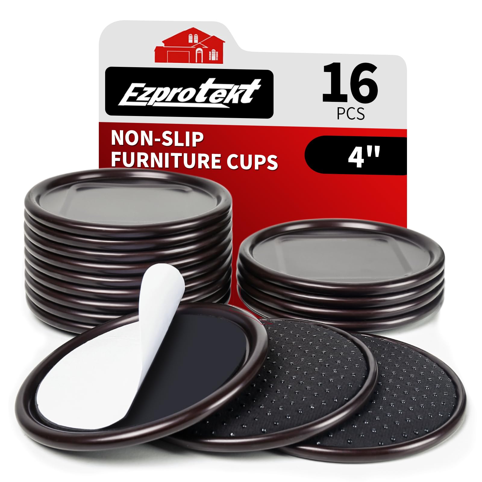 Ezprotekt 4 inch Round Non Slip Furniture Pads for Hardwood & Tile Floors, 16 Pcs Non Skid Furniture Coasters Cups Floor Protectors for Bed, Sofa, Table, Chair, Cabinet, Brown/Black