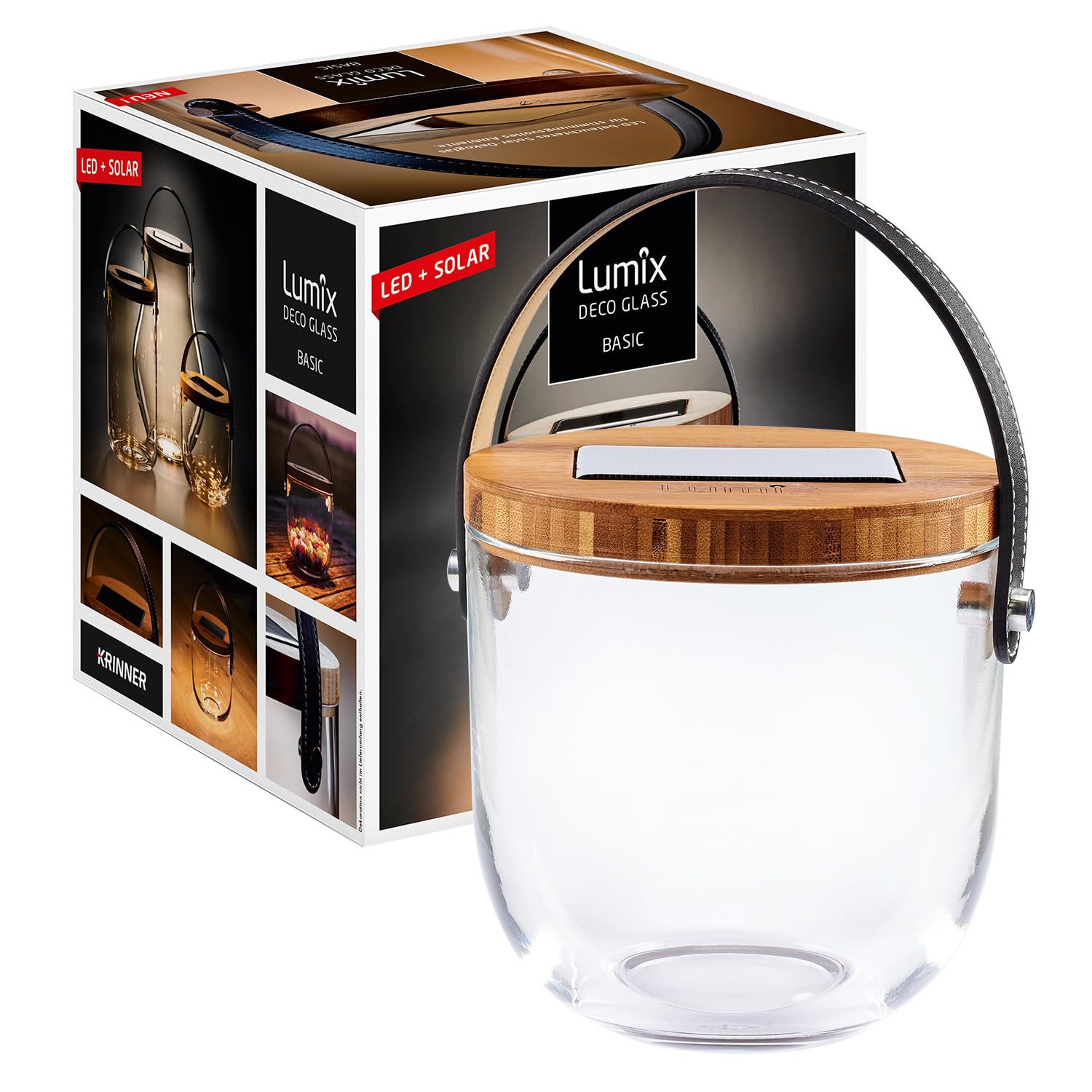 LUMIX Deco Glass von KRINNER LED Solarleuchte Tischleuchte Leuchtglas Solarlaterne Mungeblasen mit Solarpabel Warmweißes Licht Bambusdeckel