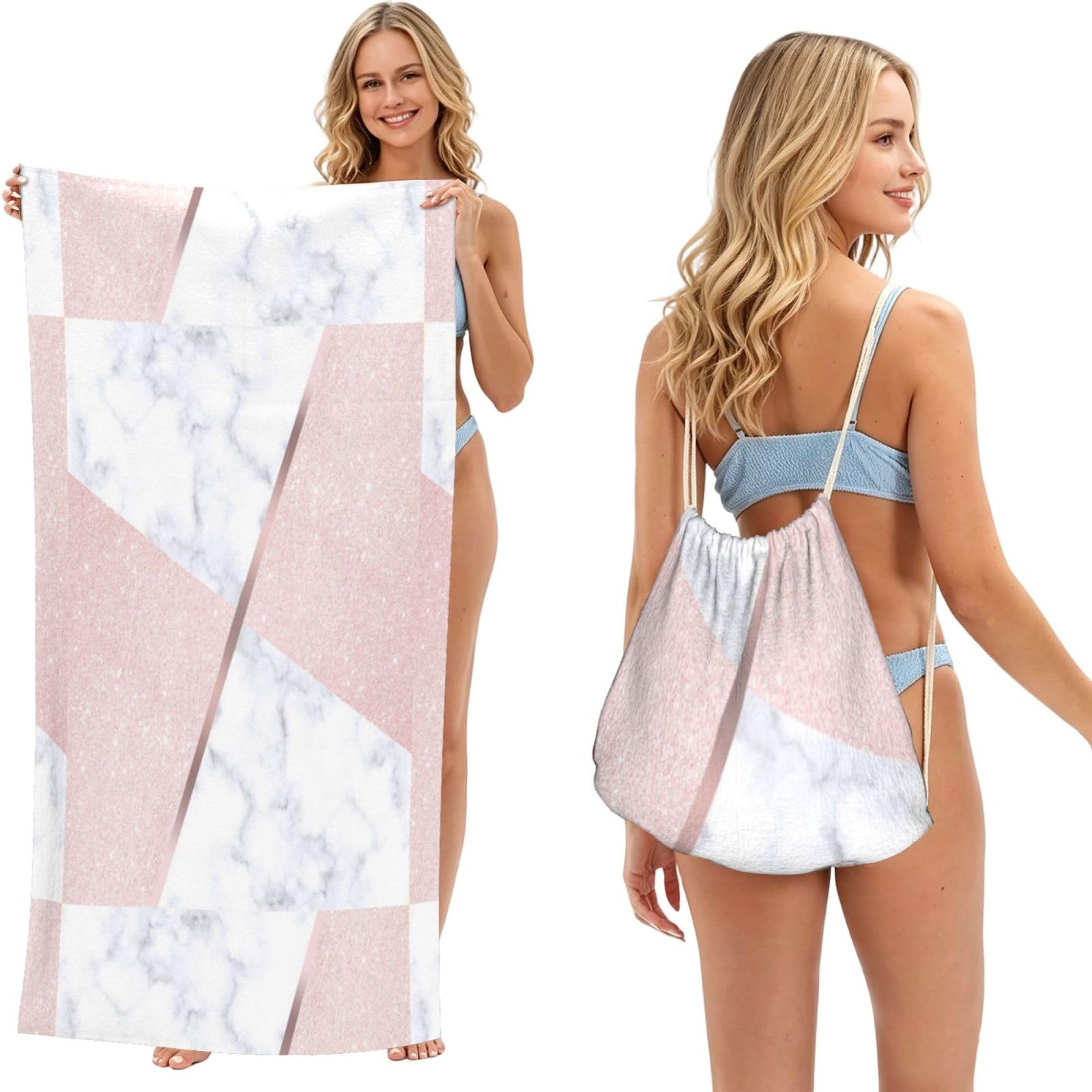 Poadnly As Picture Elegant Girly Rose Gold Glitter & White Marble, 2 In 1 Packable Towel Bag, Beach Towels With Drawstring Backpack For Travel Holiday Camping