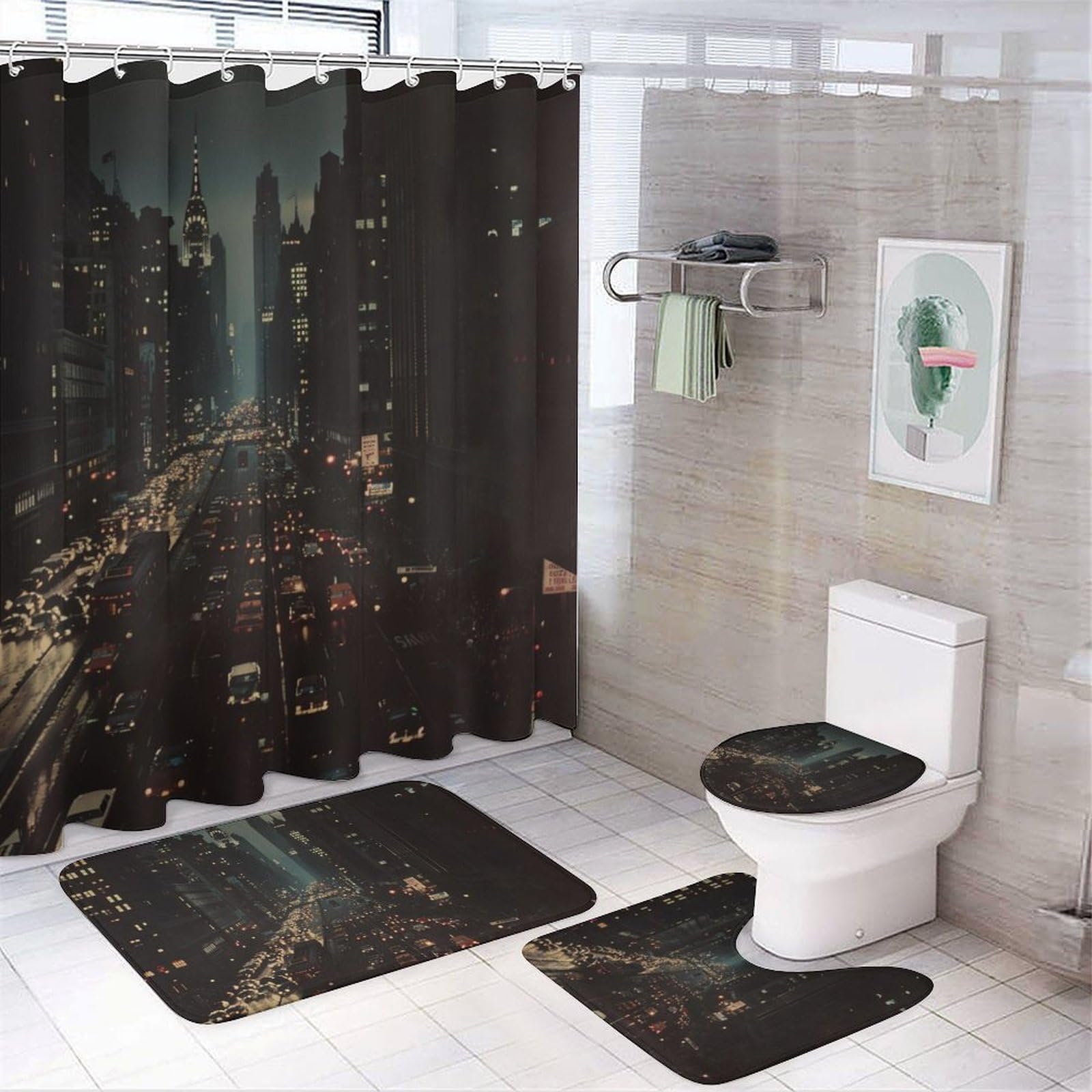 HDESDIS 4Pcs Night Cityscape Shower Curtain Sets, Bath Mat and Rugs, American New York City Street Shower Curtain with Hooks for Bathroom