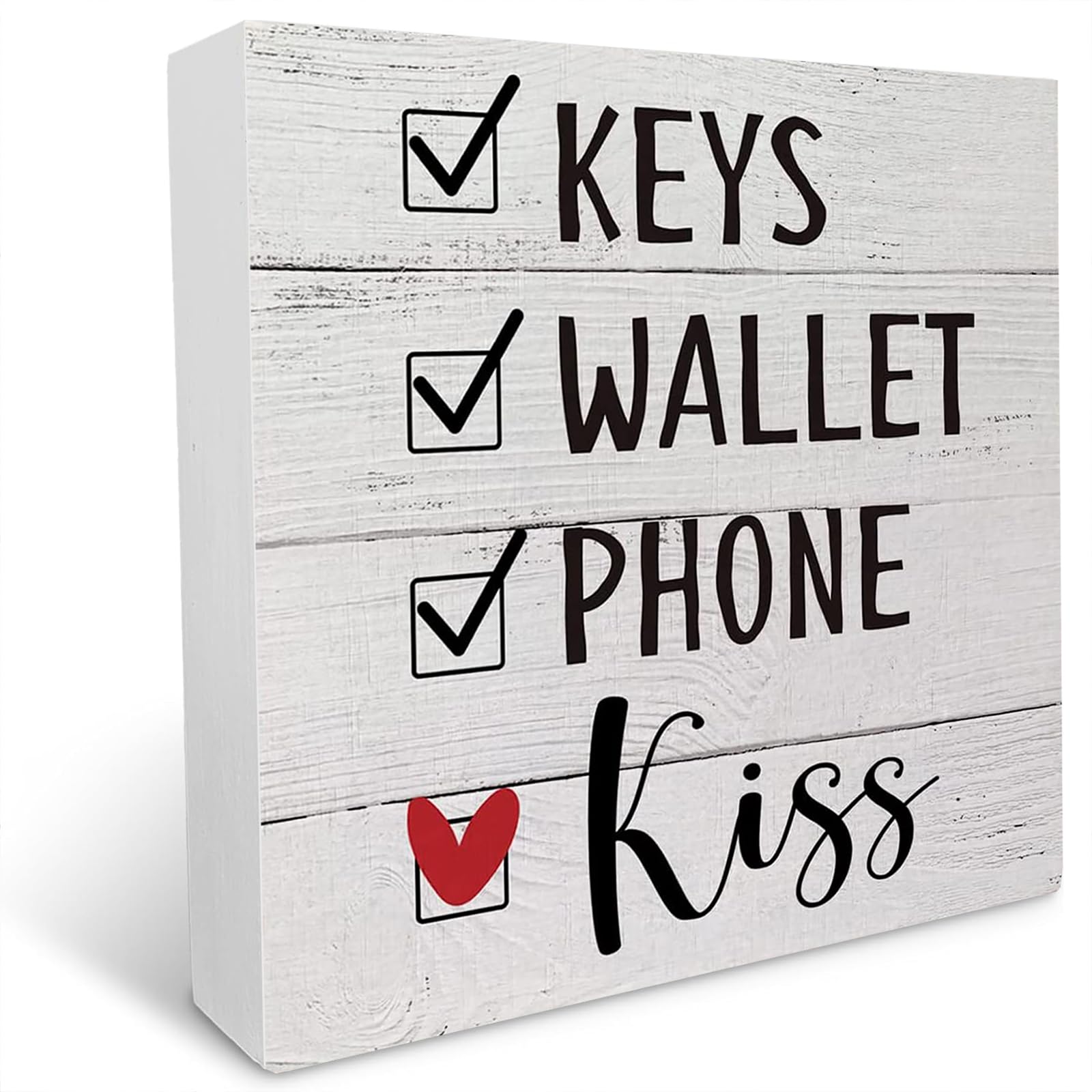 kisoyo Keys Wallet Phone Kiss Wooden Box Sign Desk Decor, Farmhouse Wood Box Sign for Home Office Shelf Table Decoration 7x7 Inch