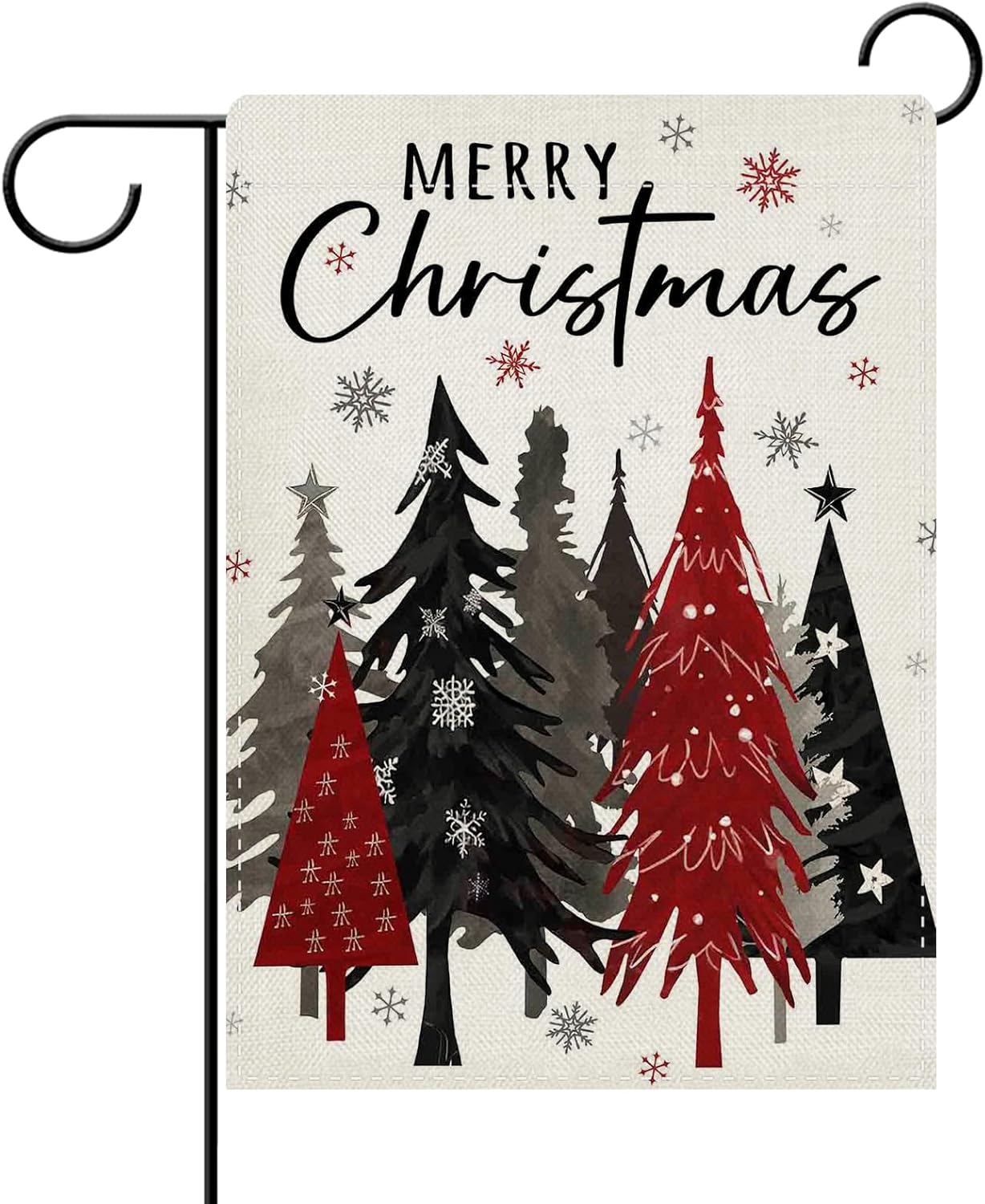 Dyrenson Merry Christmas Tree Decorative Garden Flag, Xmas Red Black Pine Trees Yard Outside Home Decoration, Winter Holiday Snowflake Burlap Outdoor Small Decor Double Sided 12 x 18