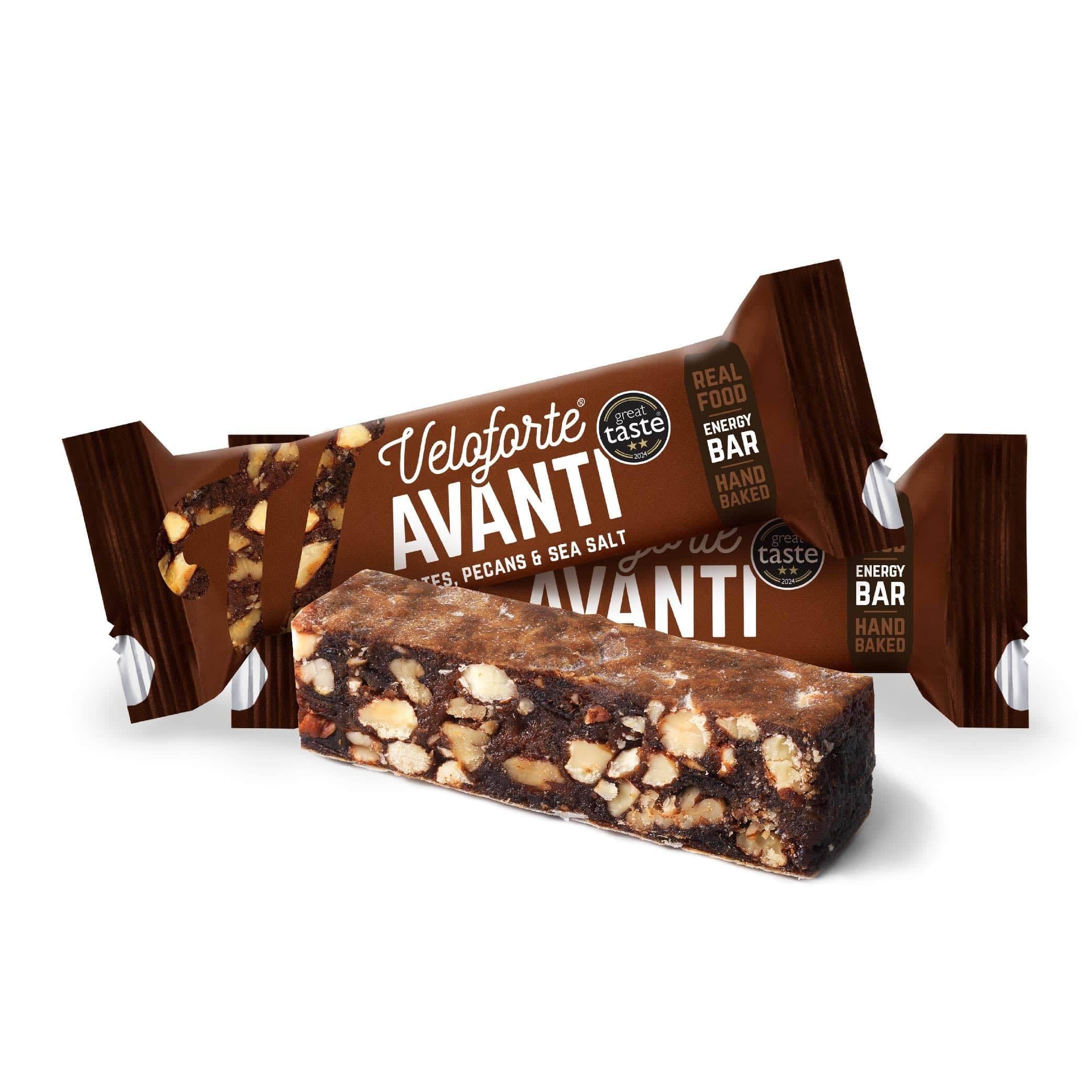 Veloforte Avanti Energy Bar For Running, Cycling, Triathlon | Optimally balanced carbs and protein for sports. Gut-friendly, high-fibre, vegan and gluten-free | Dates, Pecans & Sea Salt | 24-pack