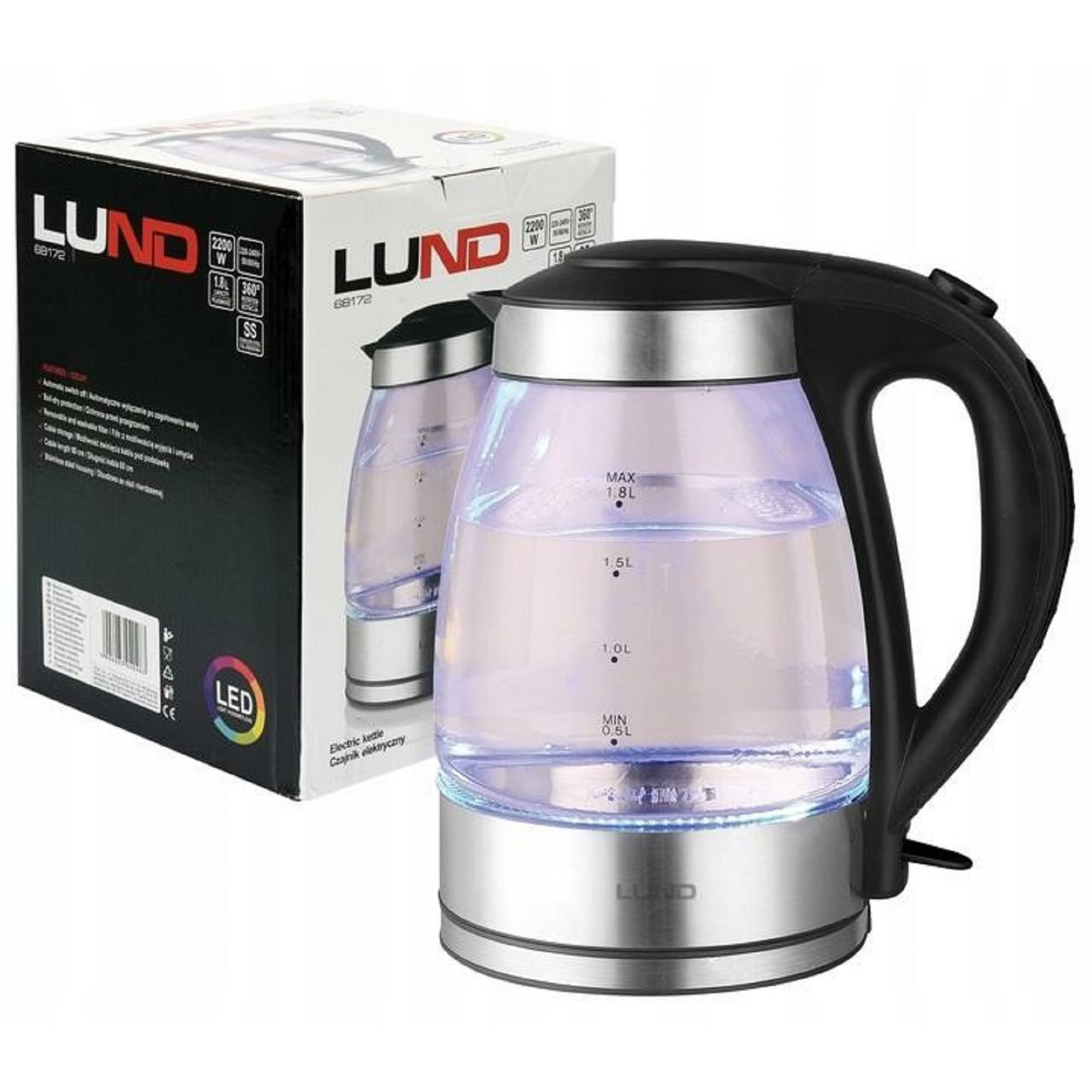 Lund bollitore in vetro con LED - Filtro - Sicurezza contro la cottura a secco - Acciaio inox - 1,8L - 2200W - 68172 - Argento/Nero