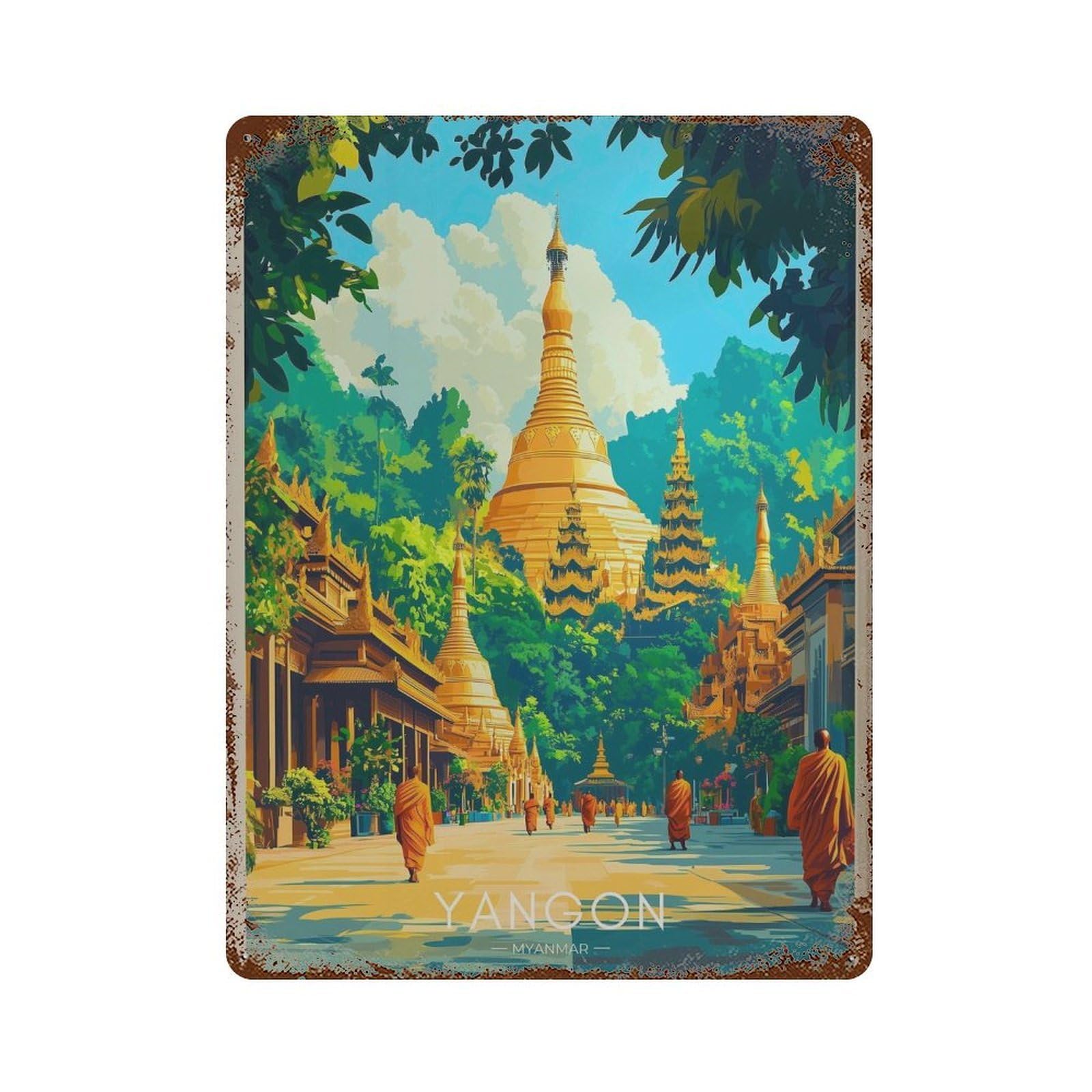 xiaoxiaoshen Yangon Travel Myanmar Buddhist Wall Decor Art Metal Tin Poster Modern Home Decor Art Home Bar Shop Decorations Vintage Sign 40x30cm