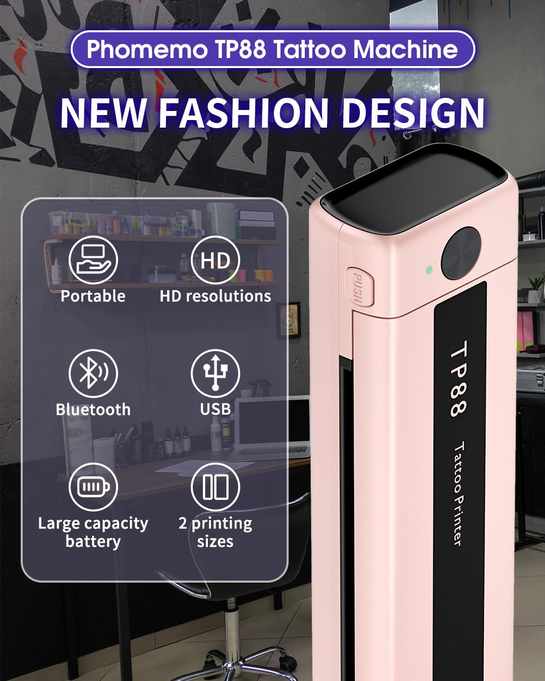 Phomemo Impresora de Tatuajes TP88 Impresora Térmica Tatuaje con 10 Plantillas A4 Papel de Transferencia de Papel de Transferencia Bluetooth Portátil Compatible con Smartphones, Tabletas y PC