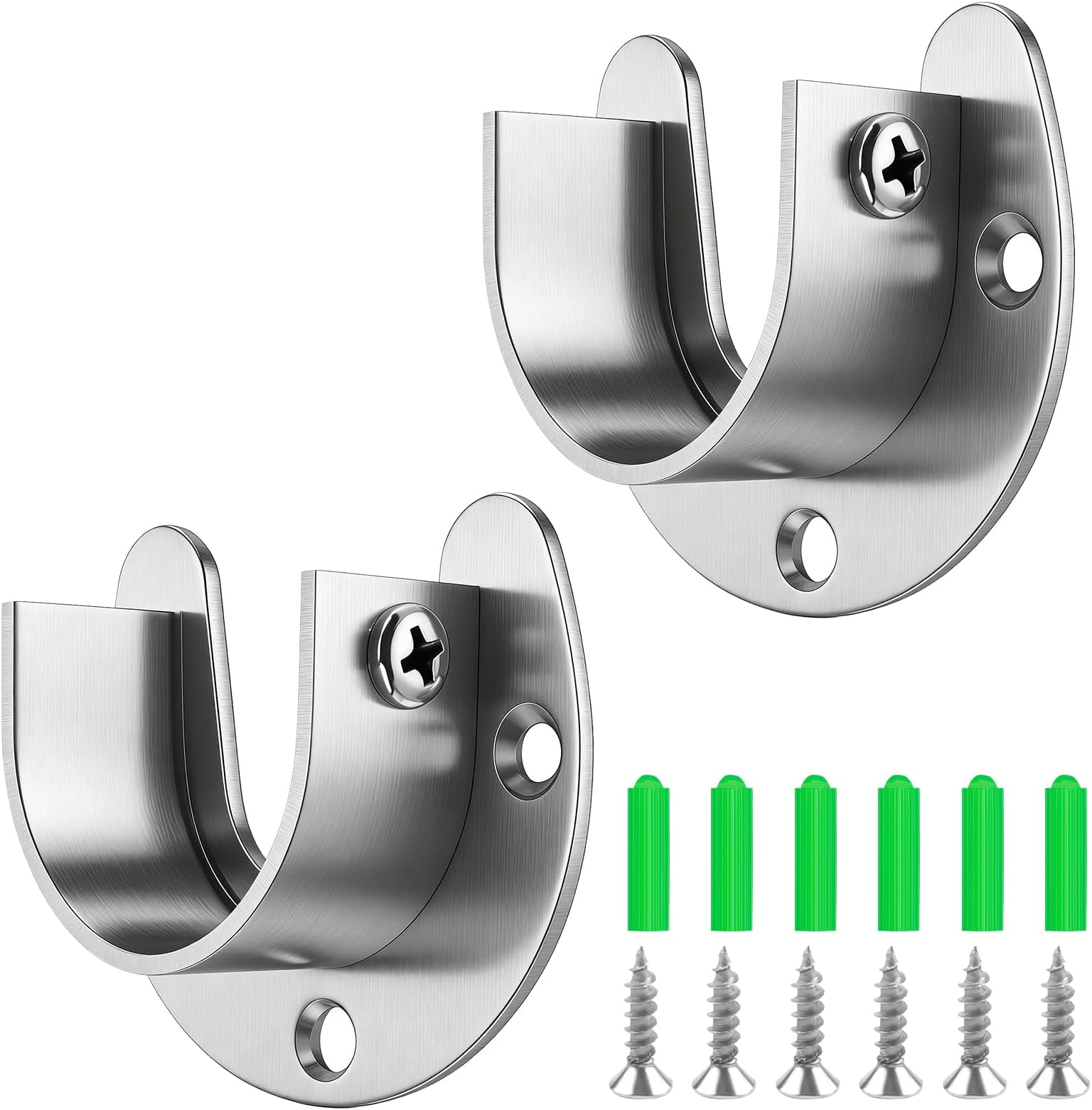 2 Pack Closet Rod Brackets Stainless Steel 32mm Wardrobe Rail Bracket Heavy Duty Curtain Pole Ends Sockets Support U Shaped Flange Rod Holder with Screws Shower Kitchen Bathroom Easy Installation