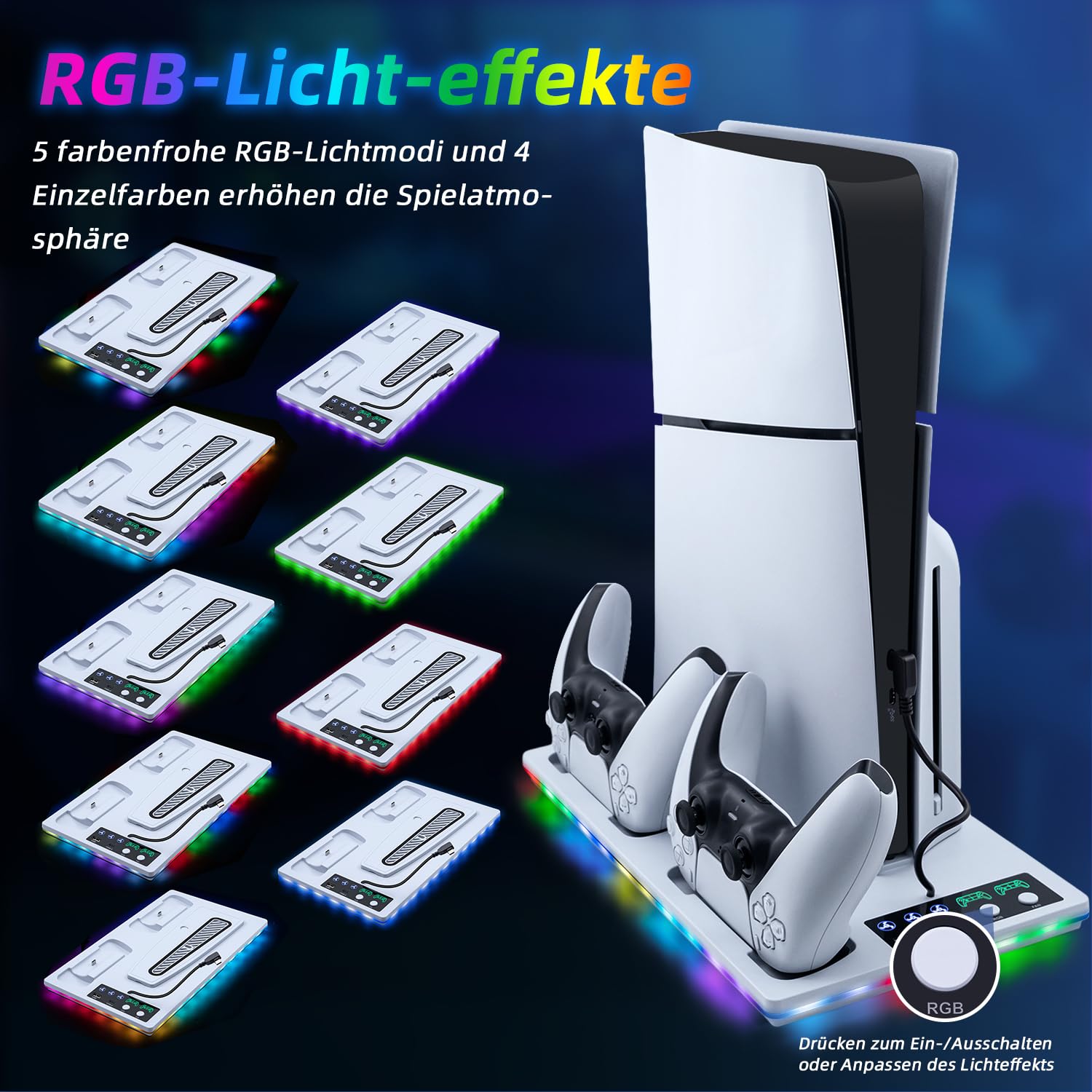 Wigearss PS5/PS5 Slim/PS5 Pro Kühler Standfuß mit Dual Controller Ladegerät, PS5 Controller Ladestation Standfuß mit Lüfter, RGB Licht für PS5/PS5 Slim/PS5 PRO UHD/Digital Edition