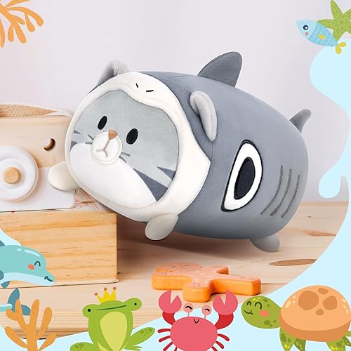 Miniatura 5 de Mewaii Bonita almohada de felpa de gato de tiburón, peluche Kawaii de gato gris, peluche de gatito con disfraz de tiburón, regalo de cumpleaños