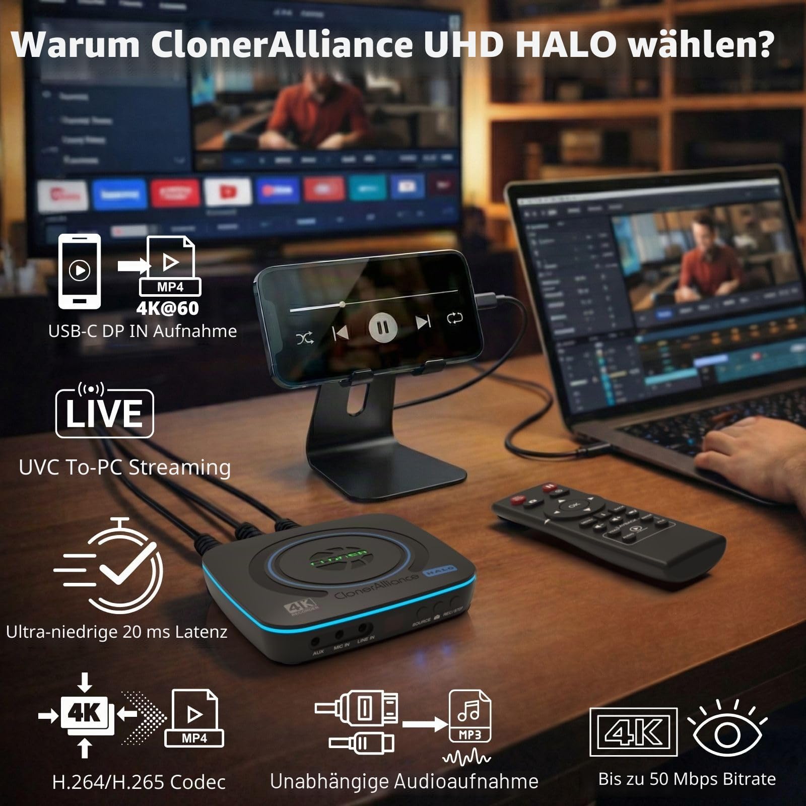 ClonerAlliance UHD Halo, 4K @ 60fps Standalone Video Recorder mit H.265/H.264 Codec, HDMI & Mobile Dual Capture, 4K @ 60fps Passthrough, Audio Extract/Mix