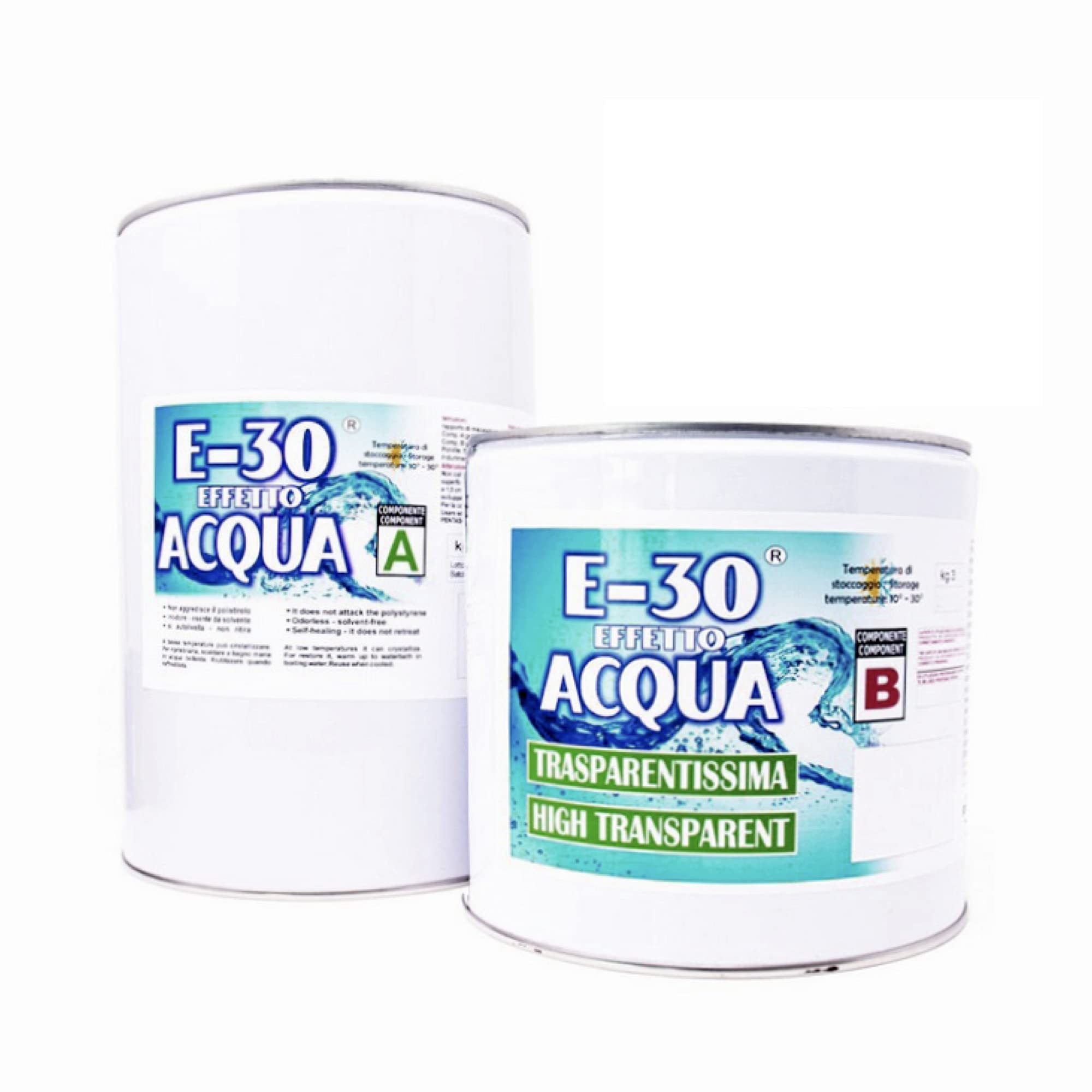 RESINA EPOSSIDICA TRASPARENTE, E-​30 Effetto Acqua A+​B, Certificata Atossica, 8000 GR
