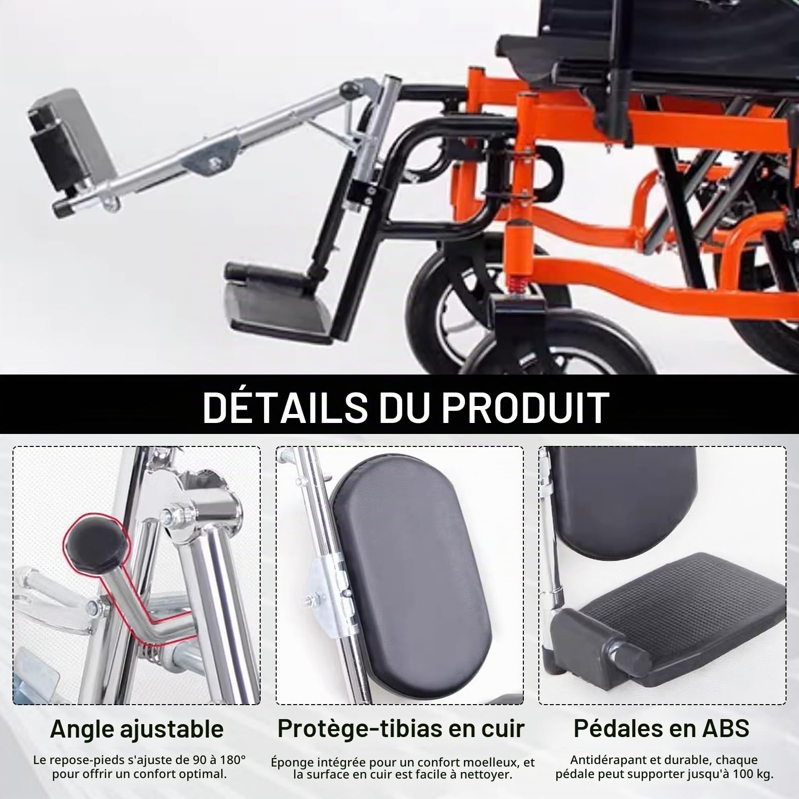 Repose-Jambes Relevables Pour Fauteuils Roulants Universel Fauteuil Roulant éLéVateur De Jambes Avec Repose-Pieds 100 Kg Support 90° à 180° De D'Angle RéGlable Pour Personnes (gauche)