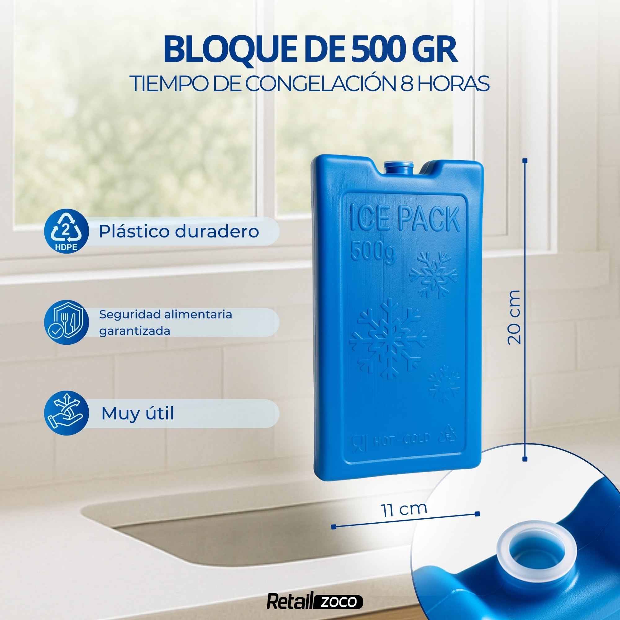 Acumulador de Frio, Bloques de Hielo para Neveras portatiles, Placas Hielo Nevera, Tamaño de la Placa 20 x 2.5 x 10.5 cm, Plástico, Incluye Pack de 2 Bloques de 500 Gramos Cada uno - imagen 4