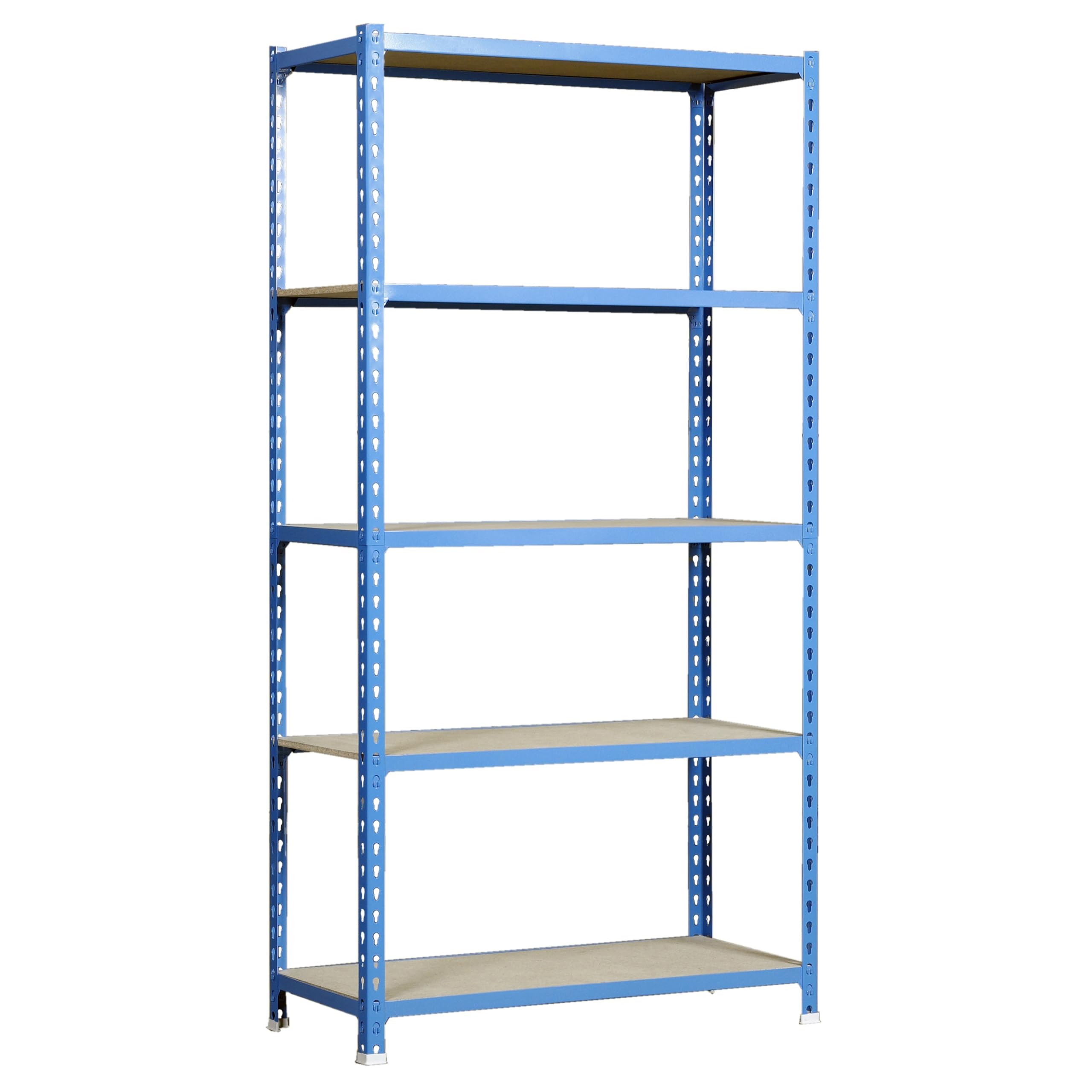 Simon Rack Scaffale Metallo Garage, 5 Ripiani Legno, 150 kg di Punto di Flessione, 1800x900x500 mm, Scaffale Garage, Senza Viti, Blu/Legno - Maderclick