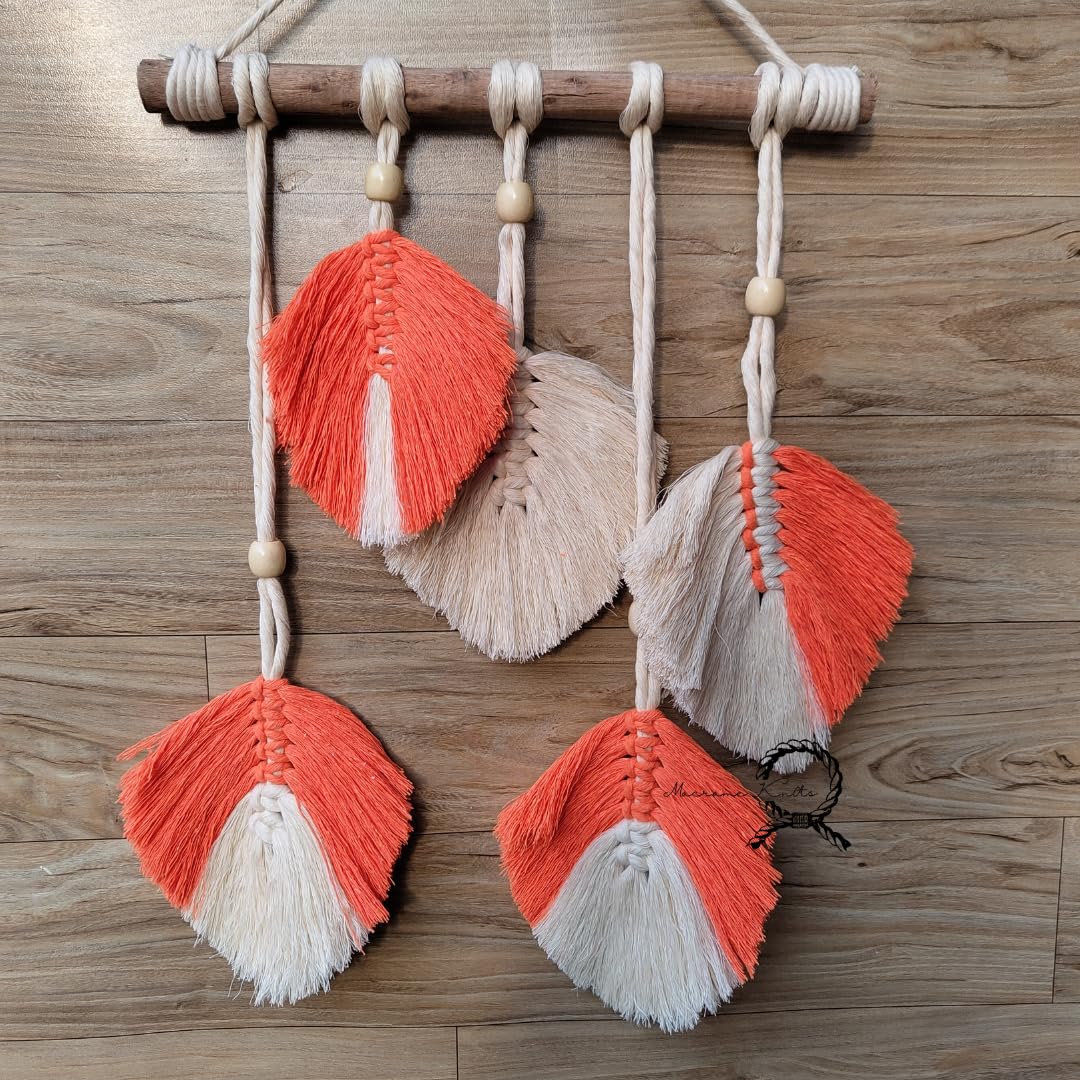 Macrame Kn0ts Cotton 16 Inches Leaves Wall Hanging Boho Feather Wall Decor Large Leaf Yarn Wall Hanging Tapestry Handmade Woven Wall Art (Orange)