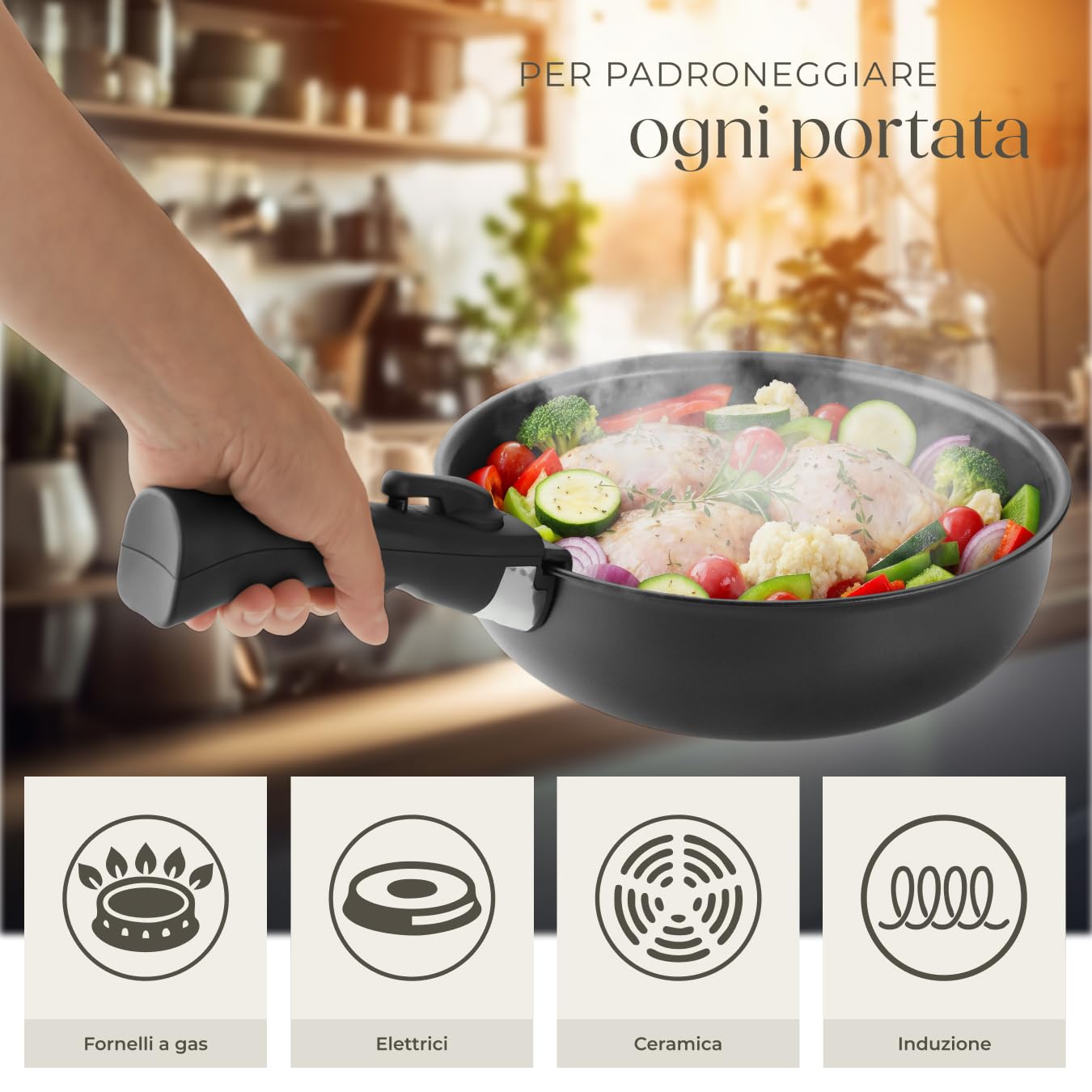 tectake®, Set di pentole 17 pezzi, set pentole induzione anche per pianio a gas ed elettrici, pentola per pasta, antiaderenti, manici removibili - 2 Padelle, 1 Padella Grill, 2 Pentola Pot, 4 Coperchi