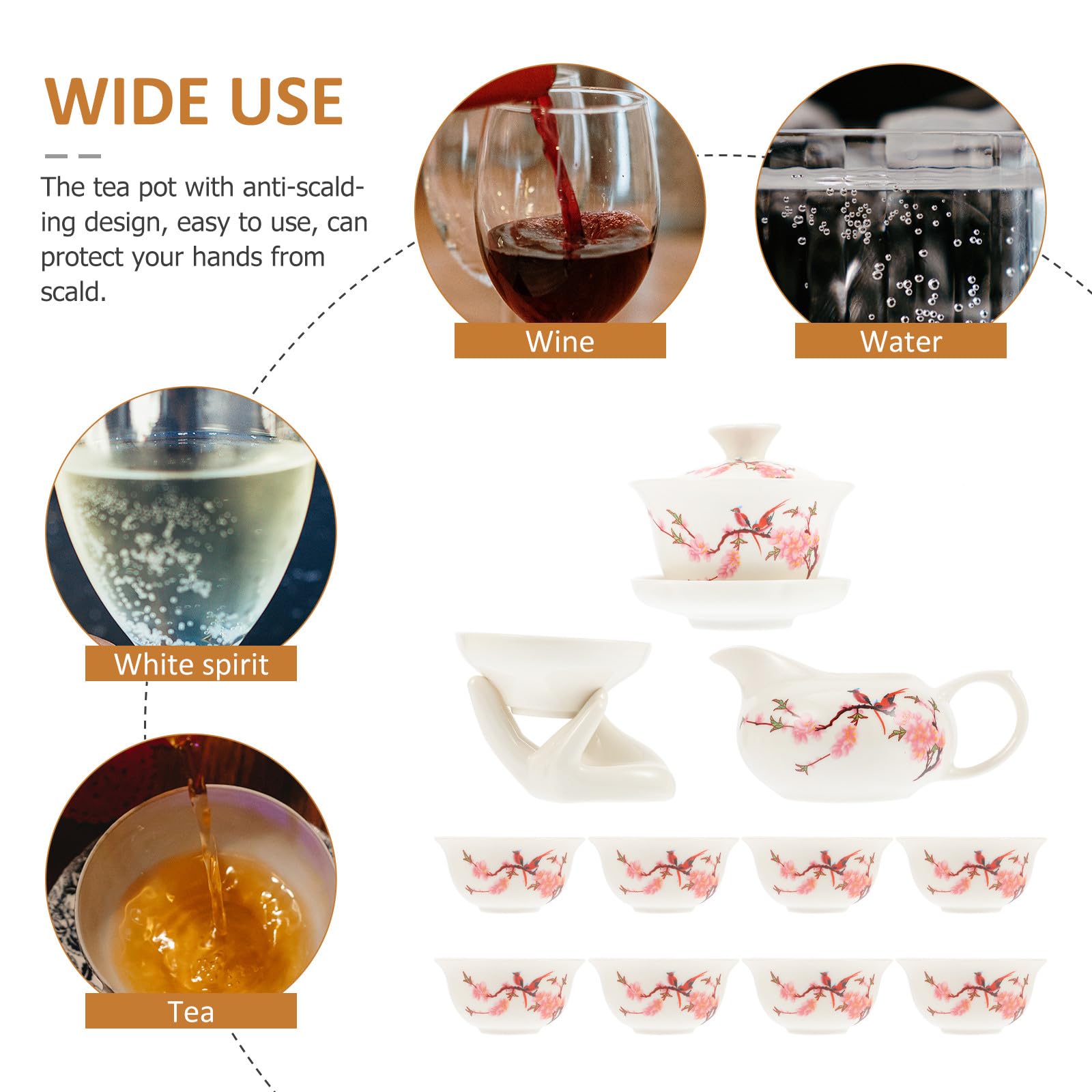 COLLBATH Set de Té Kung Fu 8 Tazas, Tetera, Cuenco Tapa y Embudo de Cerámica Resistente al Desgaste Filtro Integrado, Diseño Flor de Durazno, Adecuado del Té en Casa U Oficina