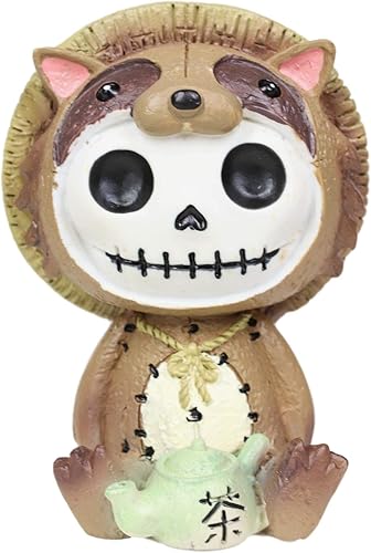 Miniatura 2 de Ebros Furry Bones - Figura de esqueleto de perro mapache japonés Tanuki con granjero oriental, sombrero de arroz, calavera, escultura coleccionable,