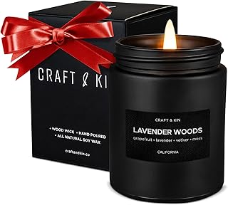 Craft & Kin Vela prémium de madera de lavanda | Velas perfumadas de otoño negro para hombres | Larga duración con 45 horas de tiempo de combustión, 7.6 onzas | Fabricado con soja | Aromaterapia en