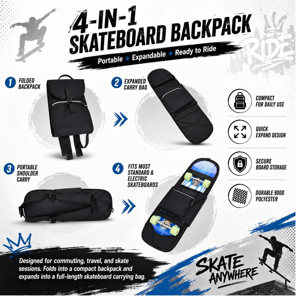 Sac à Dos Planche à roulettes pour Blind OG Stacked Stamp 8″ Complete,900D Épaissi pour Skateboard, Étanche et Pliable Sac de Rangement, Lightning