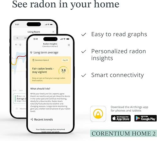 Miniatura 5 de Airthings 325 Corentium Home 2 - Detector de radón digital inteligente - Pruebas de radón portátil y fácil de usar con conectividad Bluetooth y