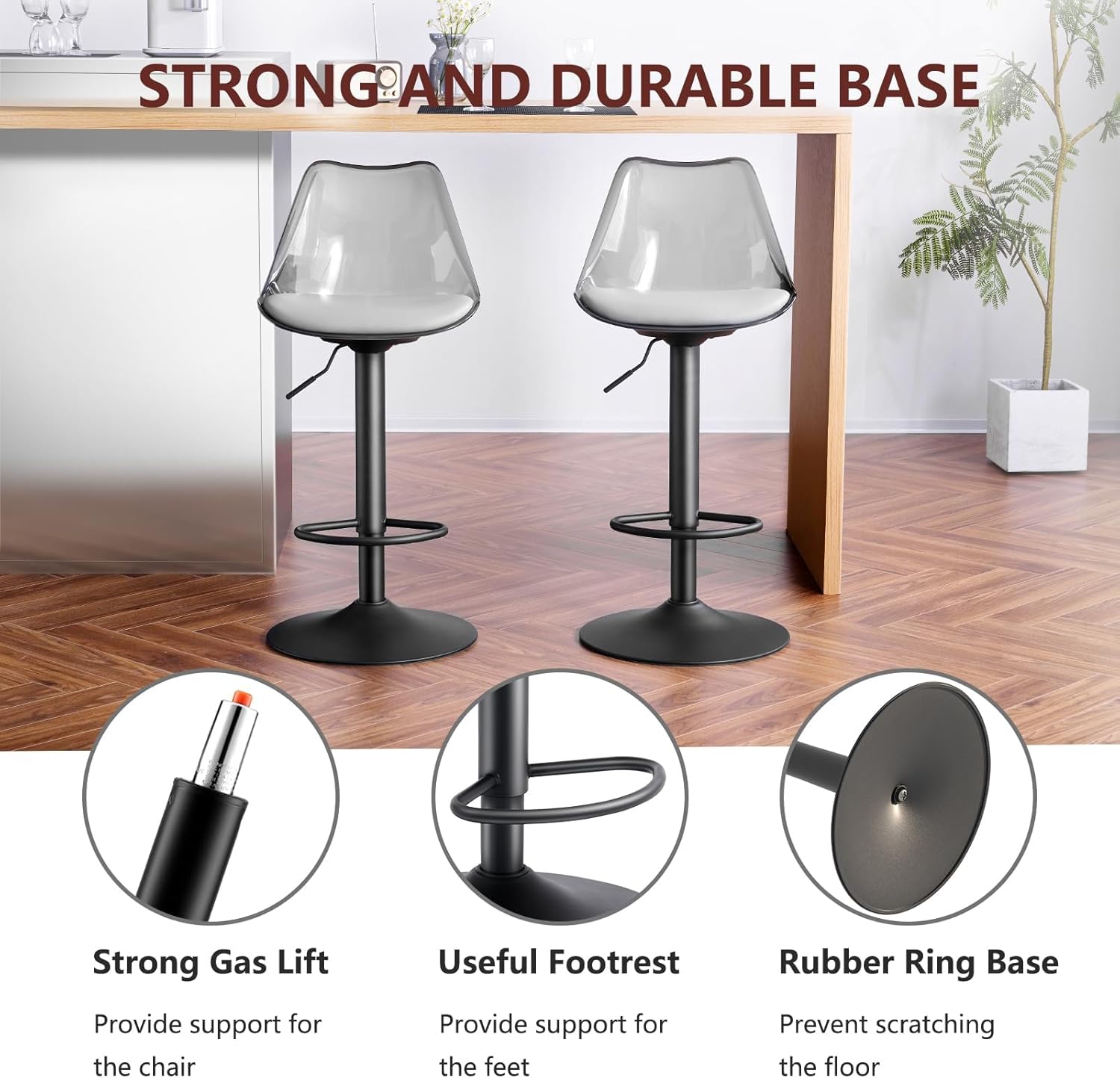 Bar Stools, Bar Stool, Adjustable Bar Stools Set of 2, Clear Bar Stools, Swivel Bar Stools, with Faux Leather Upholstered for Home Bar, Kitchen Island, Dining Room