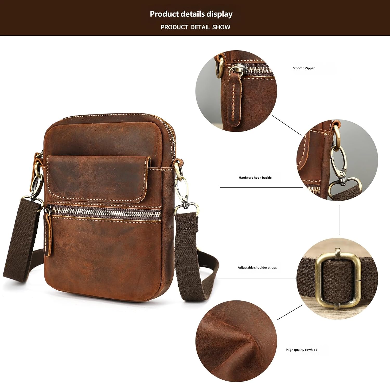 Vintage Genuine Leather Crossbody Bag for Men with Adjustable Strap