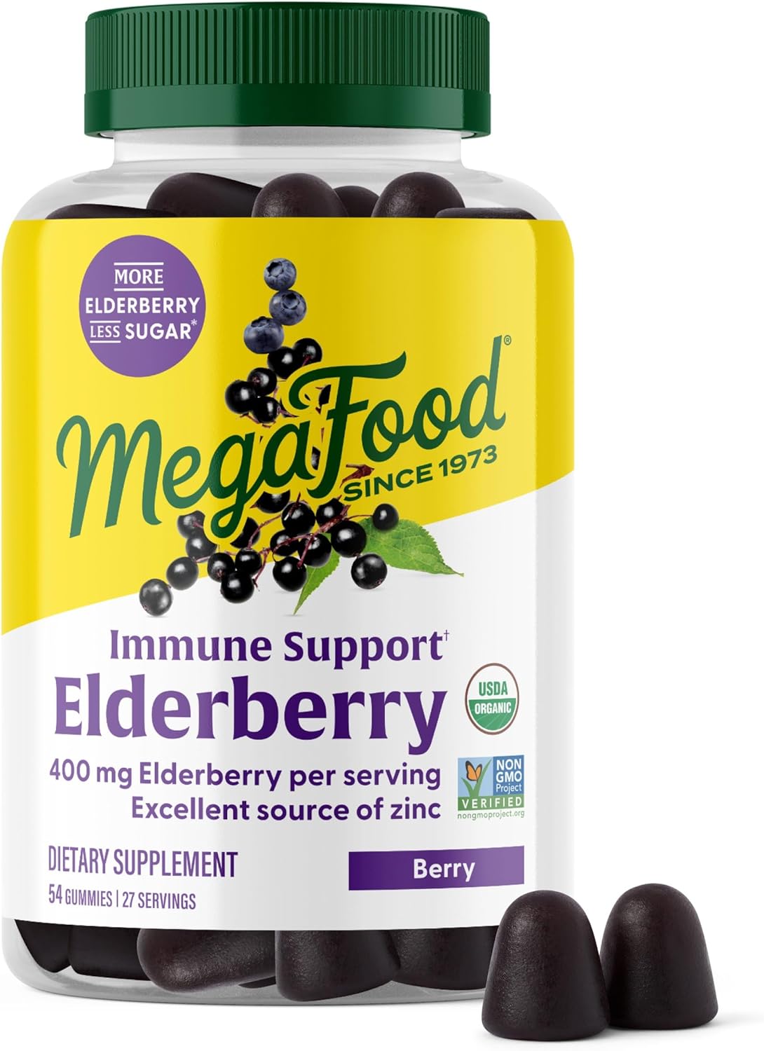 MegaFood Elderberry Gummies for Kids, Teens & Adults, Immune Support Supplement, Gummy Vitamins – Made with Zinc & Real Food, Pectin-Based, USDA Organic, Vegan – 54 Count, 27 Servings