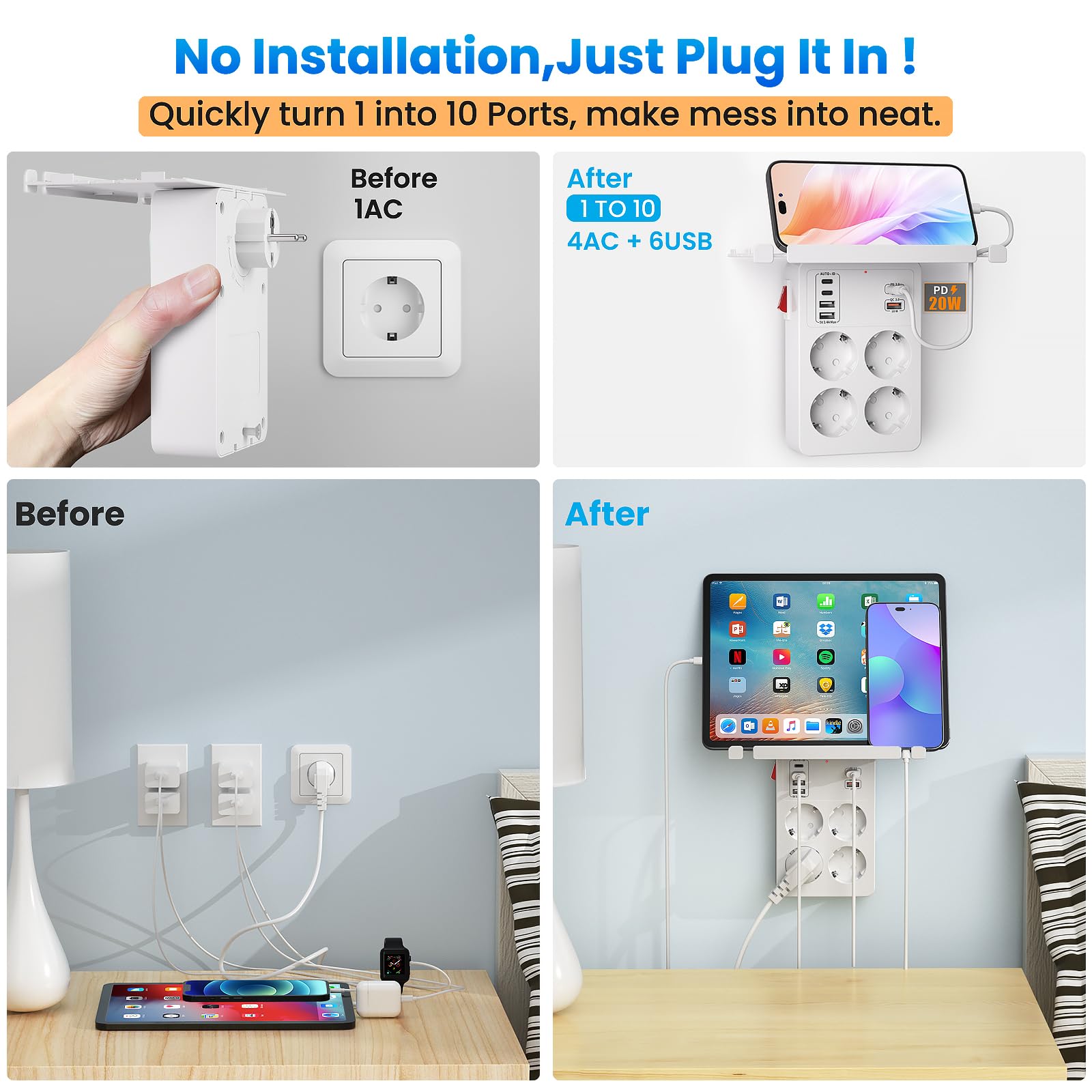 PD20W Presa Multipla Salvaspazio con Interruttore,Ciabatta Elettrica USB,Multipresa Parete con Ricarica Rapida PD3.0 e QC18W,Adattatore Presa 4 Prese Schuko e 6 USB Caricatore,Ruotabile Spina,Bianco