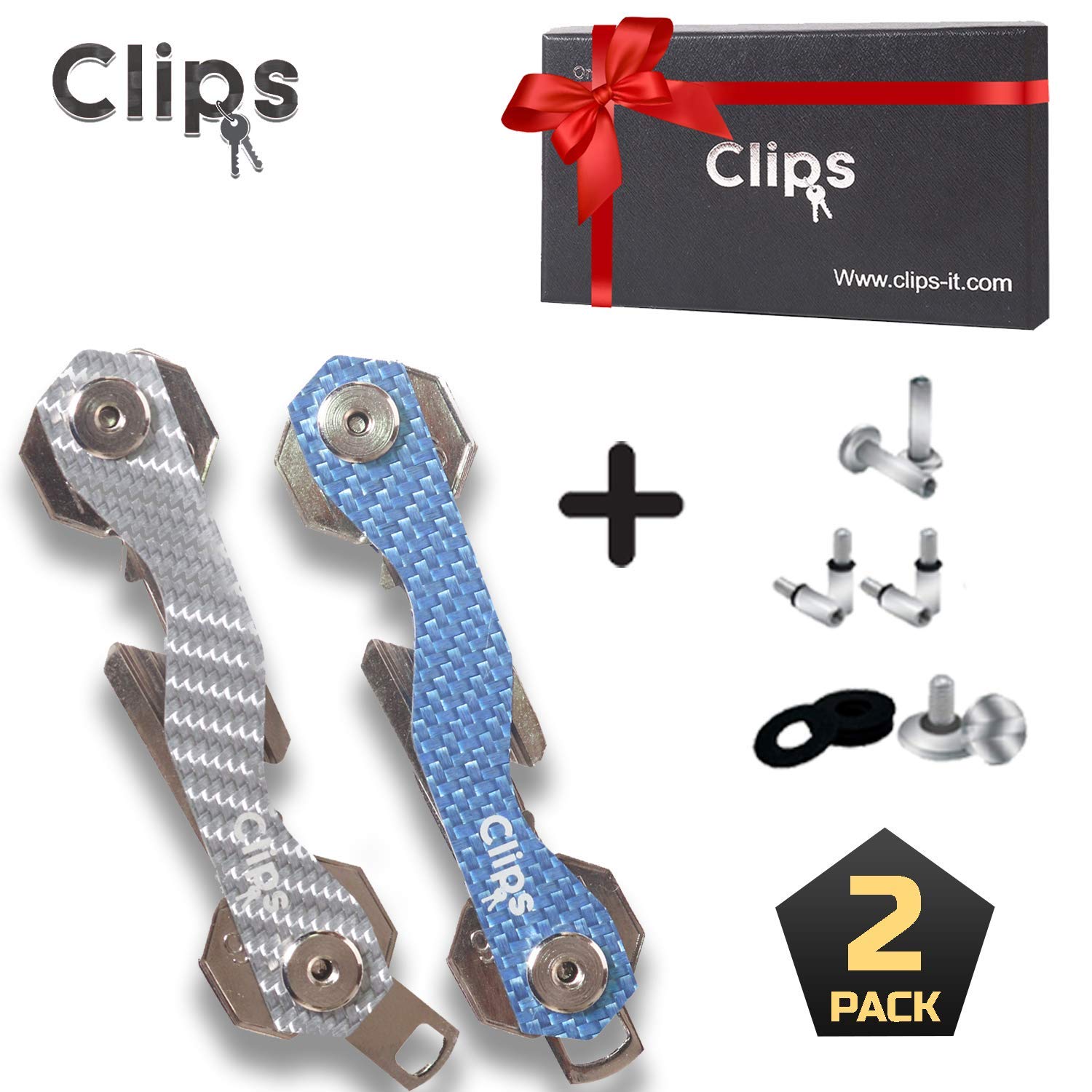Clips™ (2 Pack Smart Compact Key Organizer Keychain + Expansion Pack Up to 38 Keys Made of Carbon Fiber & Stainless Steel- Pocket Organizer Lightweight, Strong (Blue + Silver + Expansion Pack)