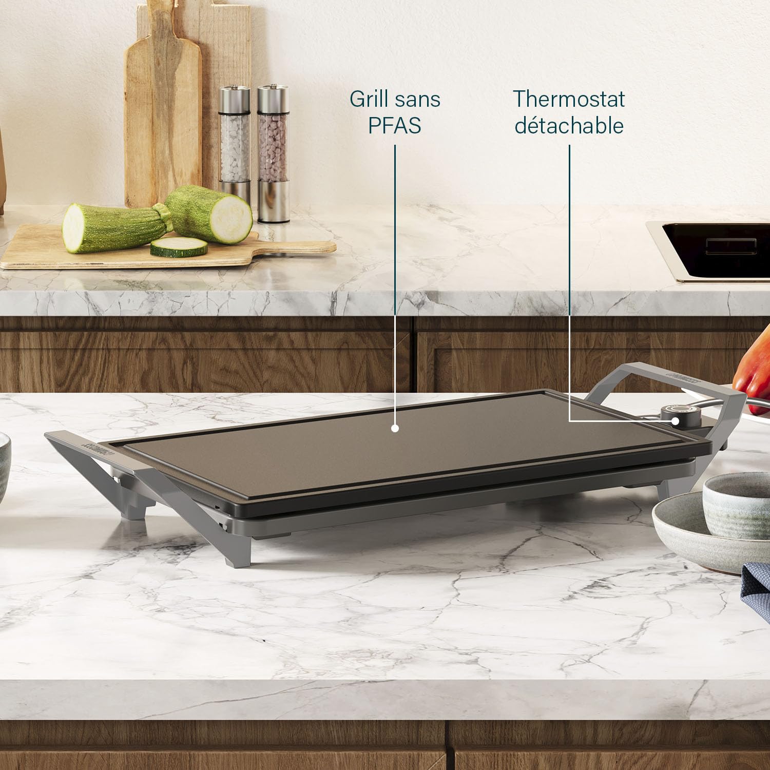 Princess Table Chef Premium Gril en pierre – Grande surface de cuisson de 46 x 26 cm – Plaque de grill en céramique – Sans PFAS – Thermostat réglable – Incl. 4 spatules en bois – 103150