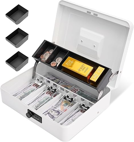 Caja de efectivo con cerradura de combinación, caja de dinero de metal con bandeja para efectivo, caja fuerte con cerradura, 4 ranuras para