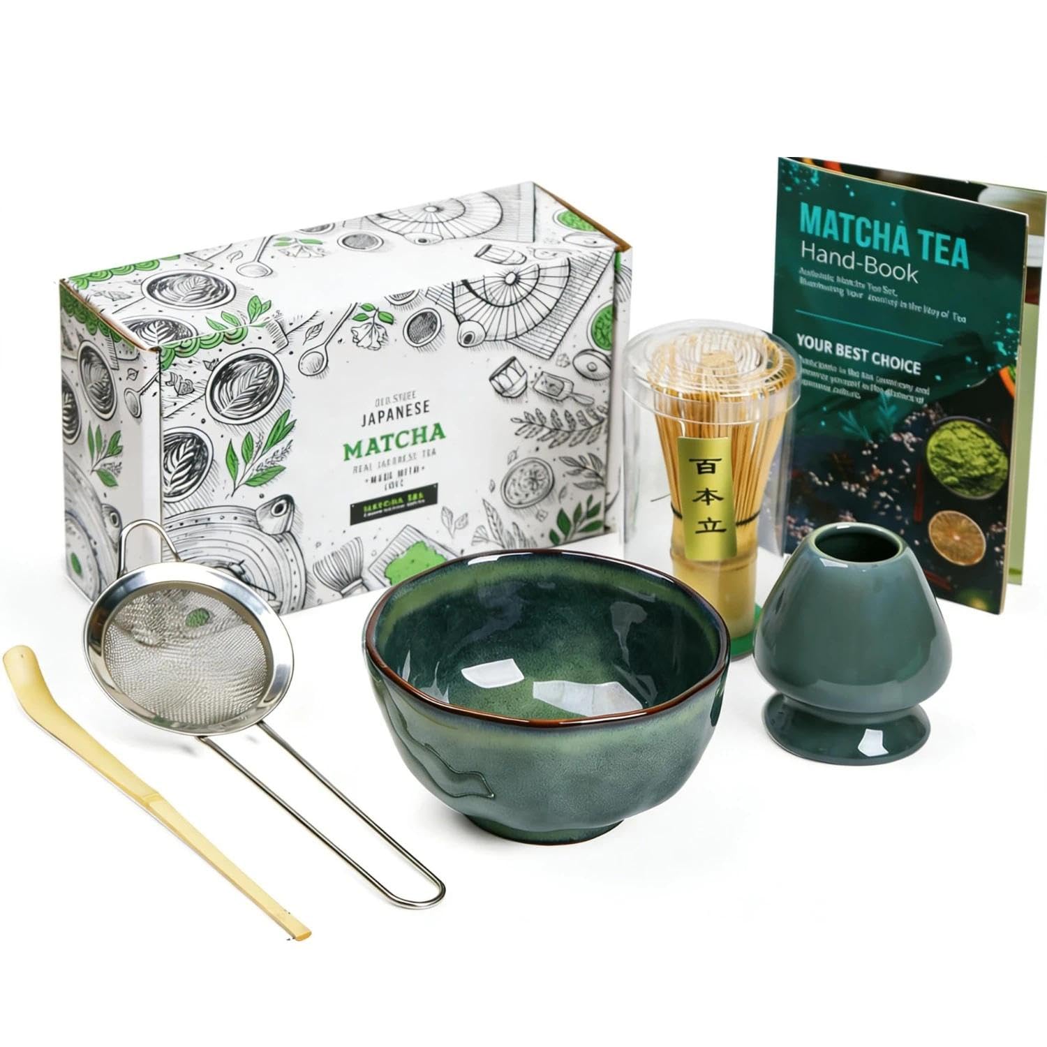 Japoński zestaw filiżanek do herbaty Matcha z trzepaczką, miarką, przesiewaczem i ceramiczną miską