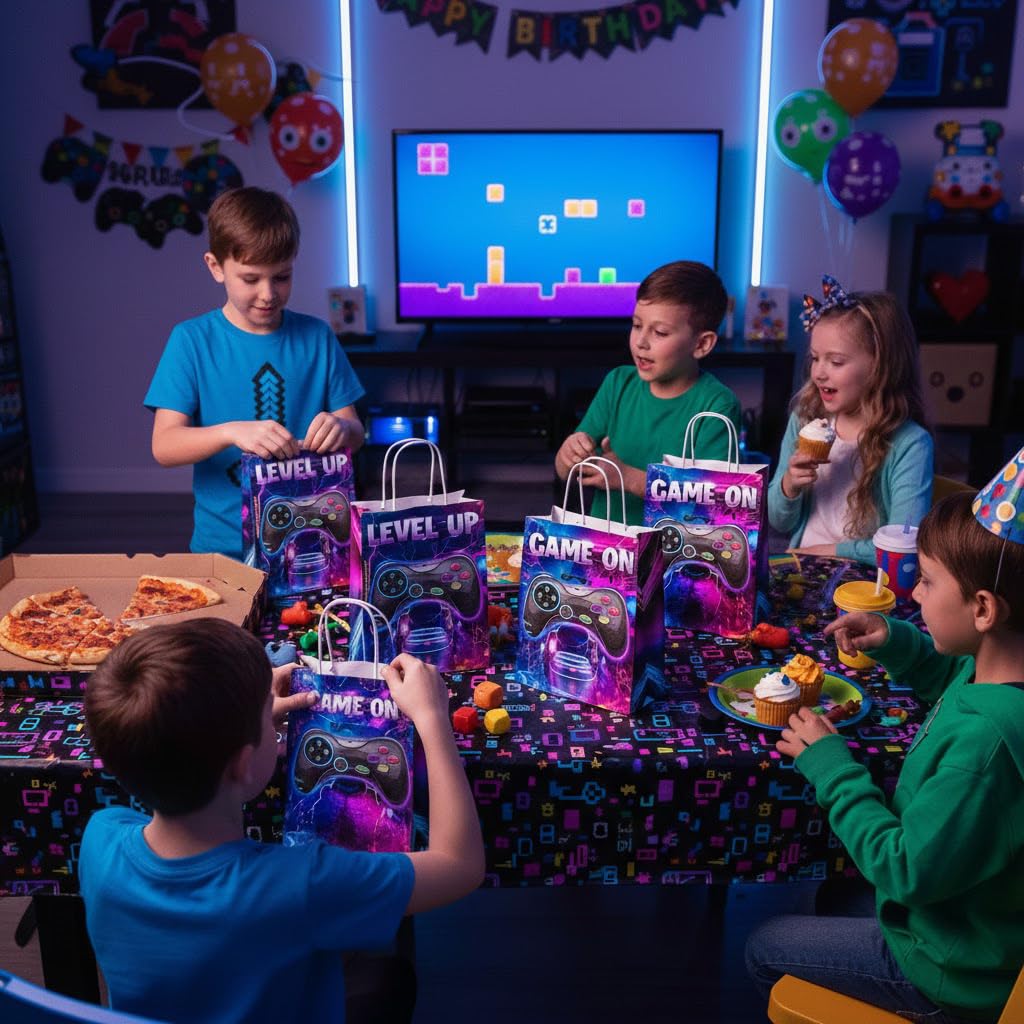 JOYGATHER 24 bolsas de recuerdos de fiesta de jugadores con asas, bolsas de regalo de videojuegos, bolsas de regalo, bolsas de dulces con 2 tipos diferentes, bolsas de papel kraft para juegos para